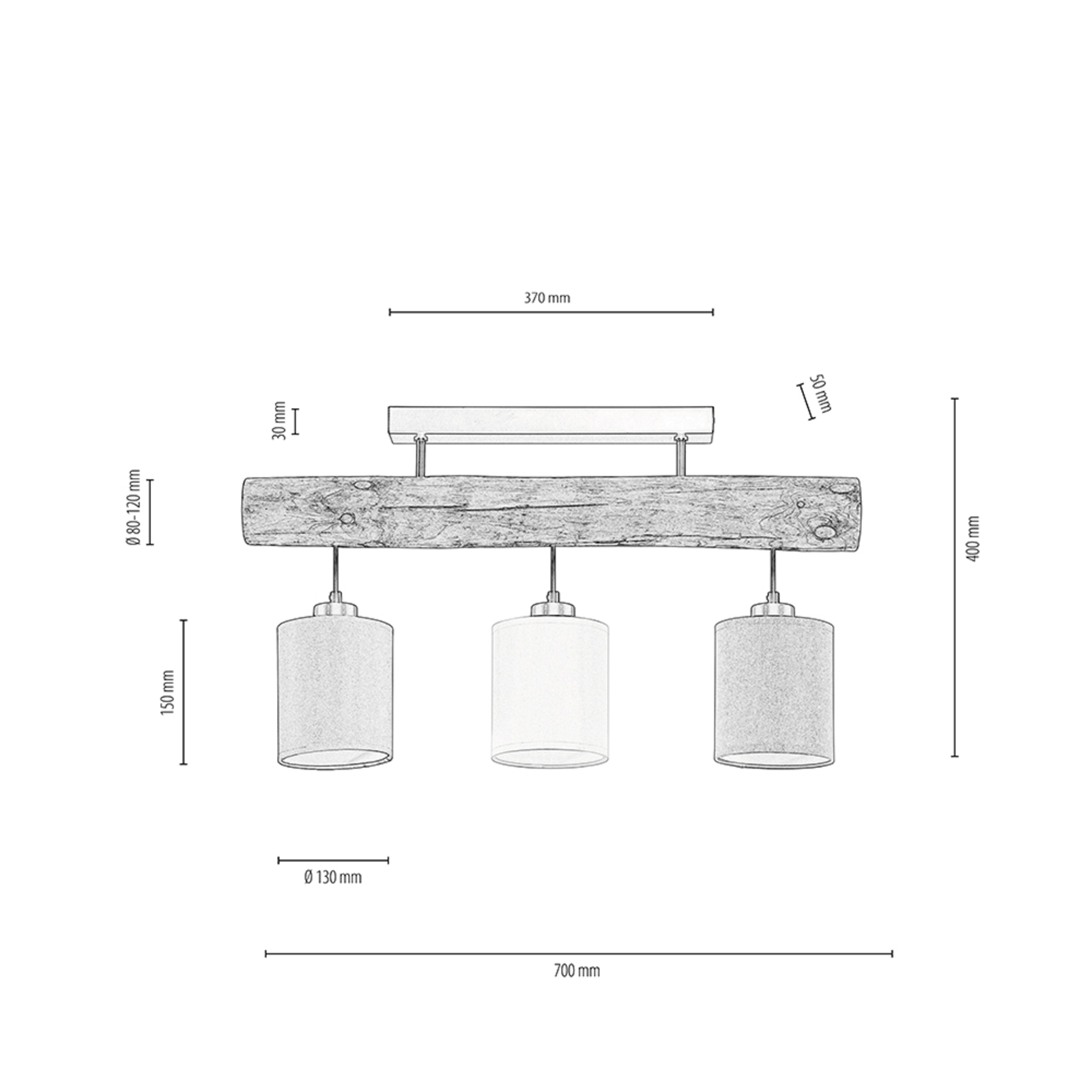 Plafondlamp Sachiko, houten balk, 3 stoffen kappen