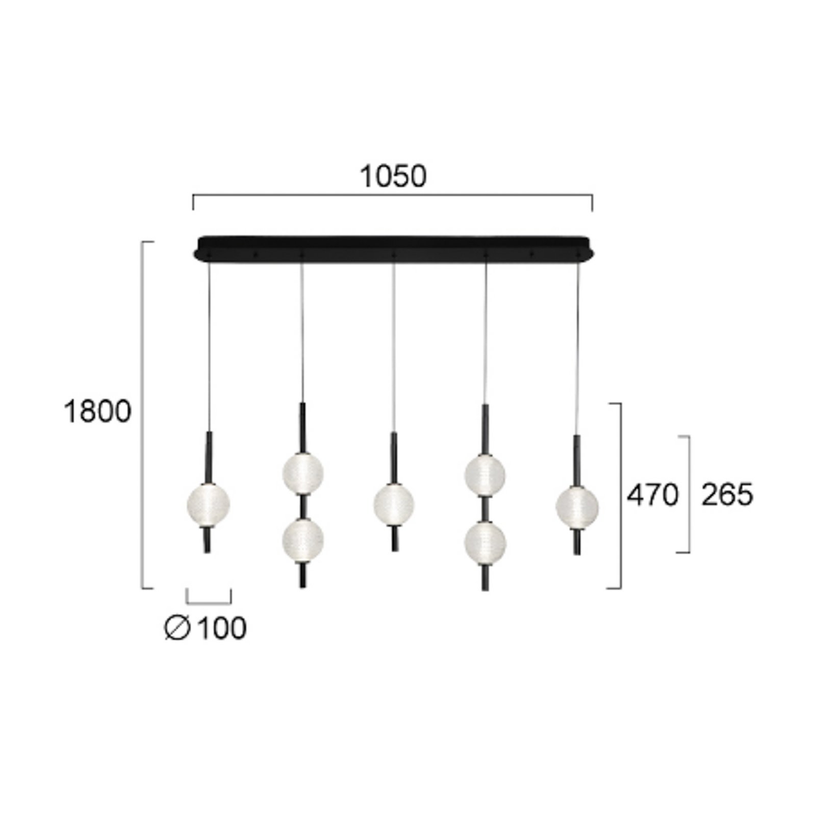 LED hanglamp Abeona, lengte 105 cm, zwart metaal, 7-lamps. LED hanglamp Abeona, lengte 105 cm, zwart metaal, 7-lamps.
