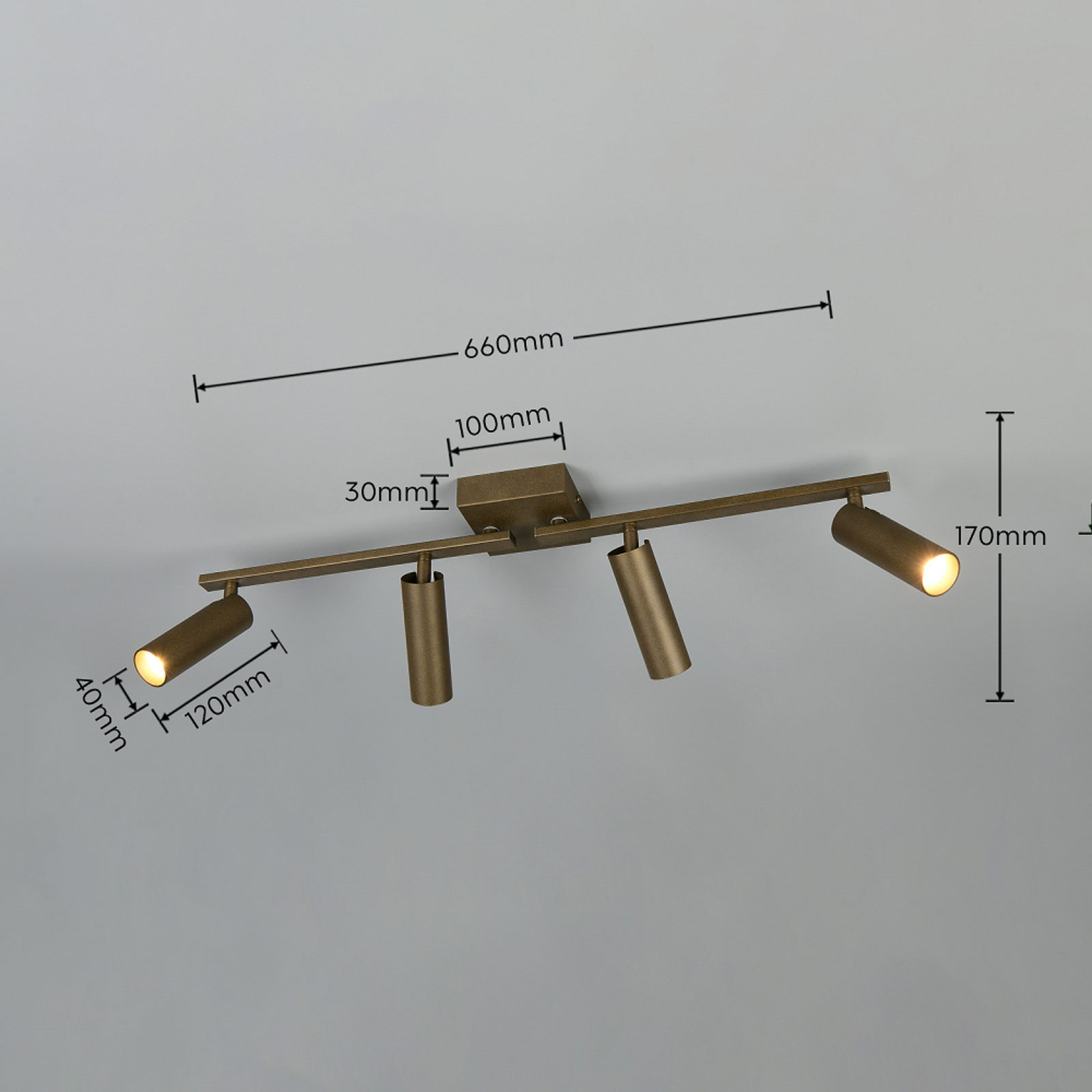 Faretto da soffitto Dara, lunghezza 66 cm, metallo color platino, a 4 luci. Faretto da soffitto Dara, lunghezza 66 cm, metallo color platino, a 4 luci.