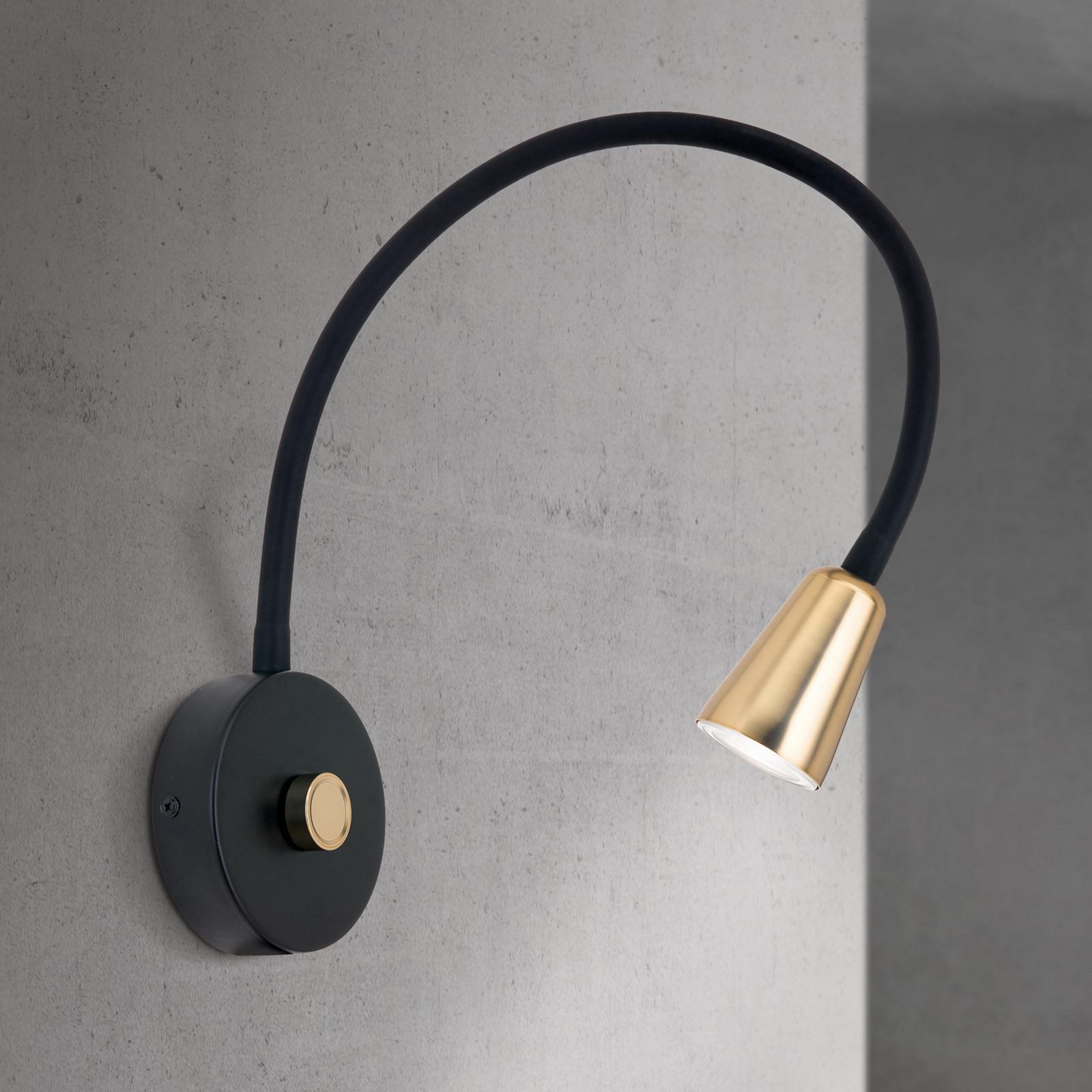 Wandleuchte Dotty, messingfarben, Flexarm, Dimmer, GU10