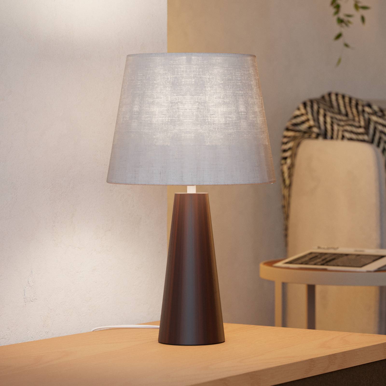 Lampa stołowa Patemisco, brązowo-naturalna, stal, tkanina, wysokość 41 cm