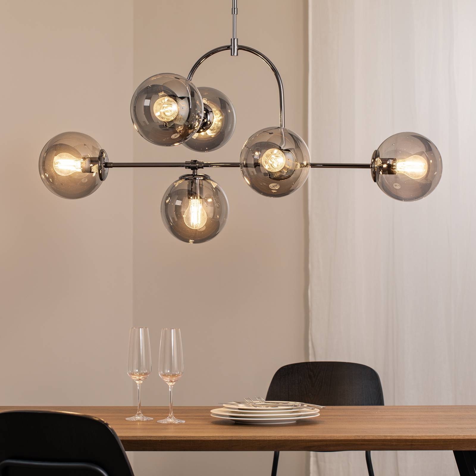 Hängelampe Portemo, rauchgrau/nickel, 104x80 cm, 6-flg. Glas günstig online kaufen