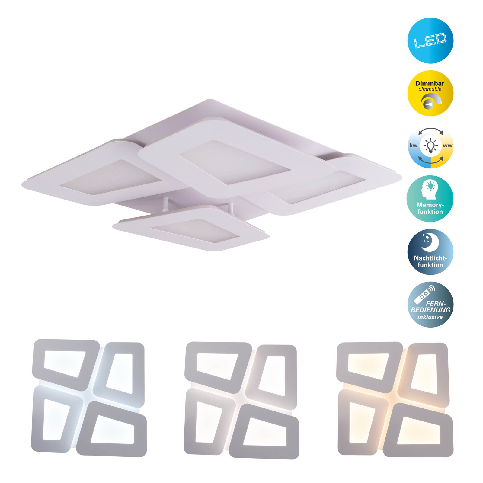 LED ceiling light Simes, white, metal, 48x48 cm, CCT, remote control