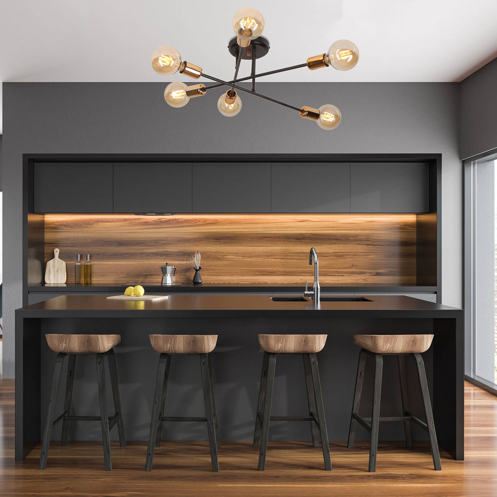 Veken 6B ceiling lamp in black and copper