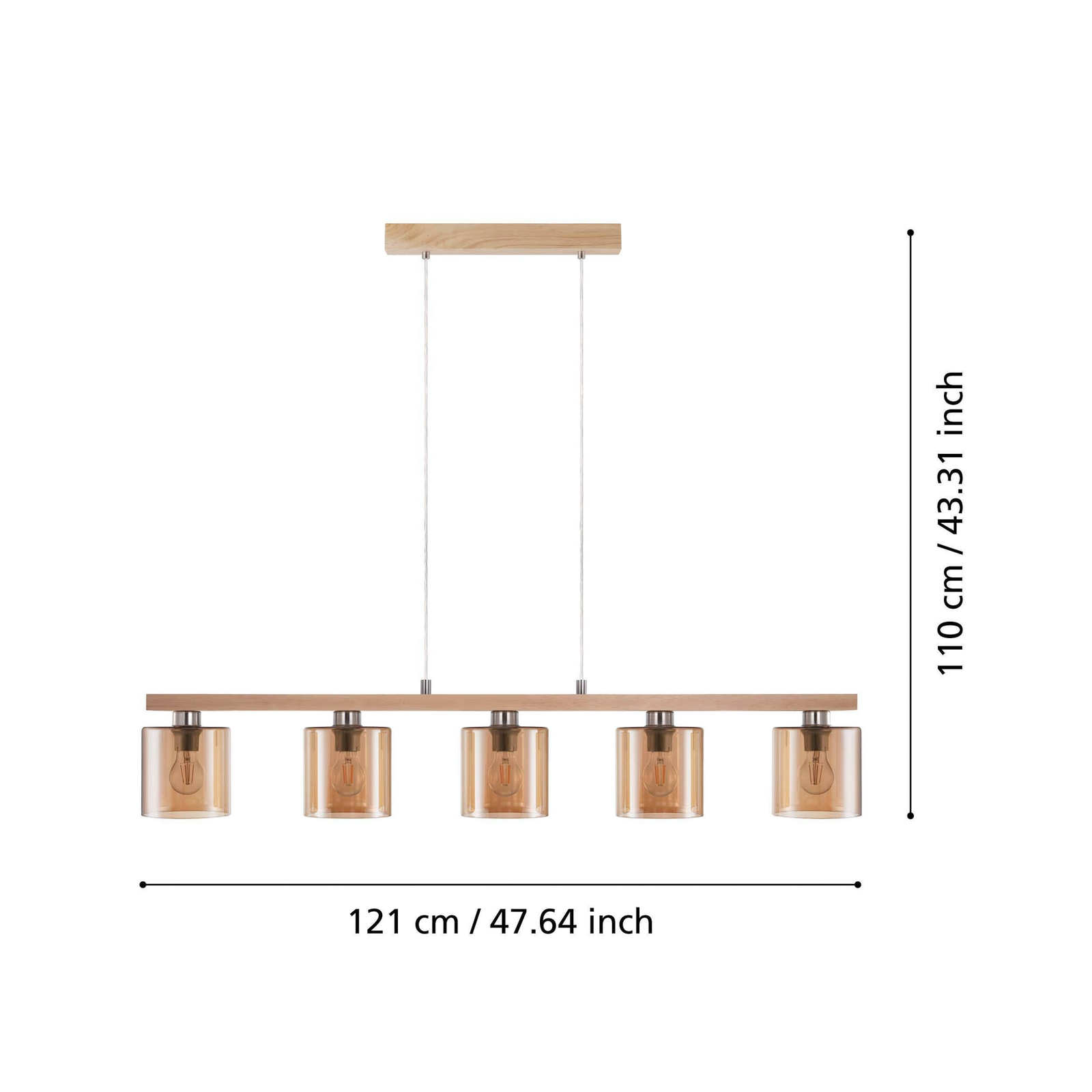 Suspension Castralvo, longueur 115 cm, bois/ambre, 5 lampes, verre