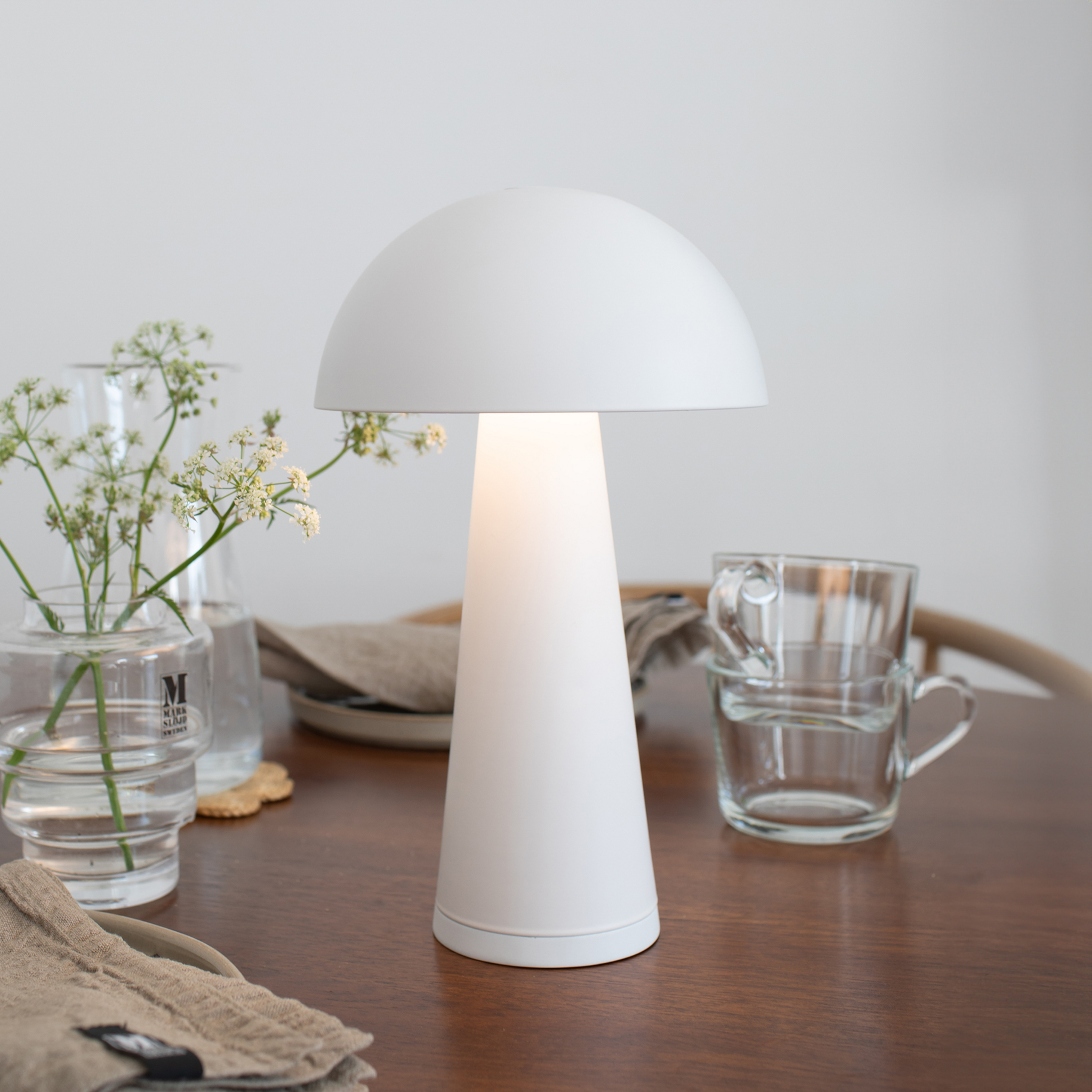 Akku-bordlampe Fungi til udendørs brug, hvid