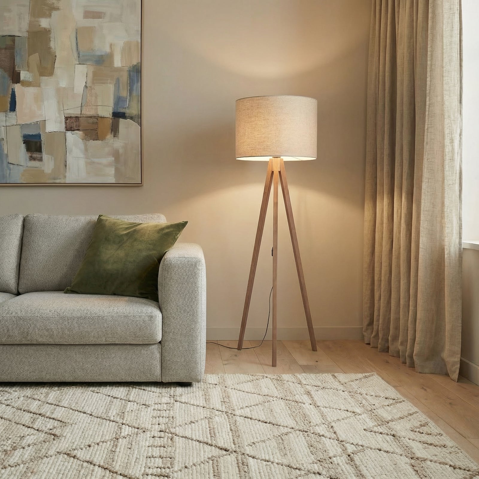 Lámpara de pie Grand, beige/nogal, altura 145 cm, E27