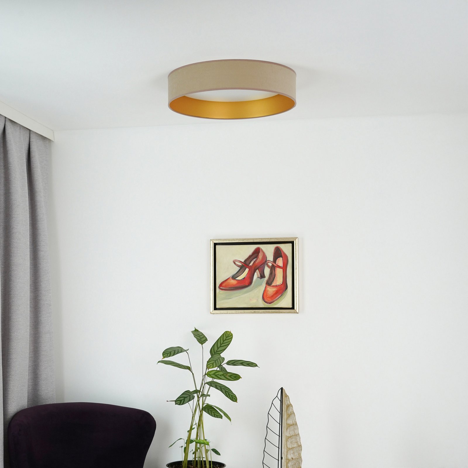 LED griestu gaisma Plafond, samts, smilškrāsas/zelta, audums, Ø 45 cm,3