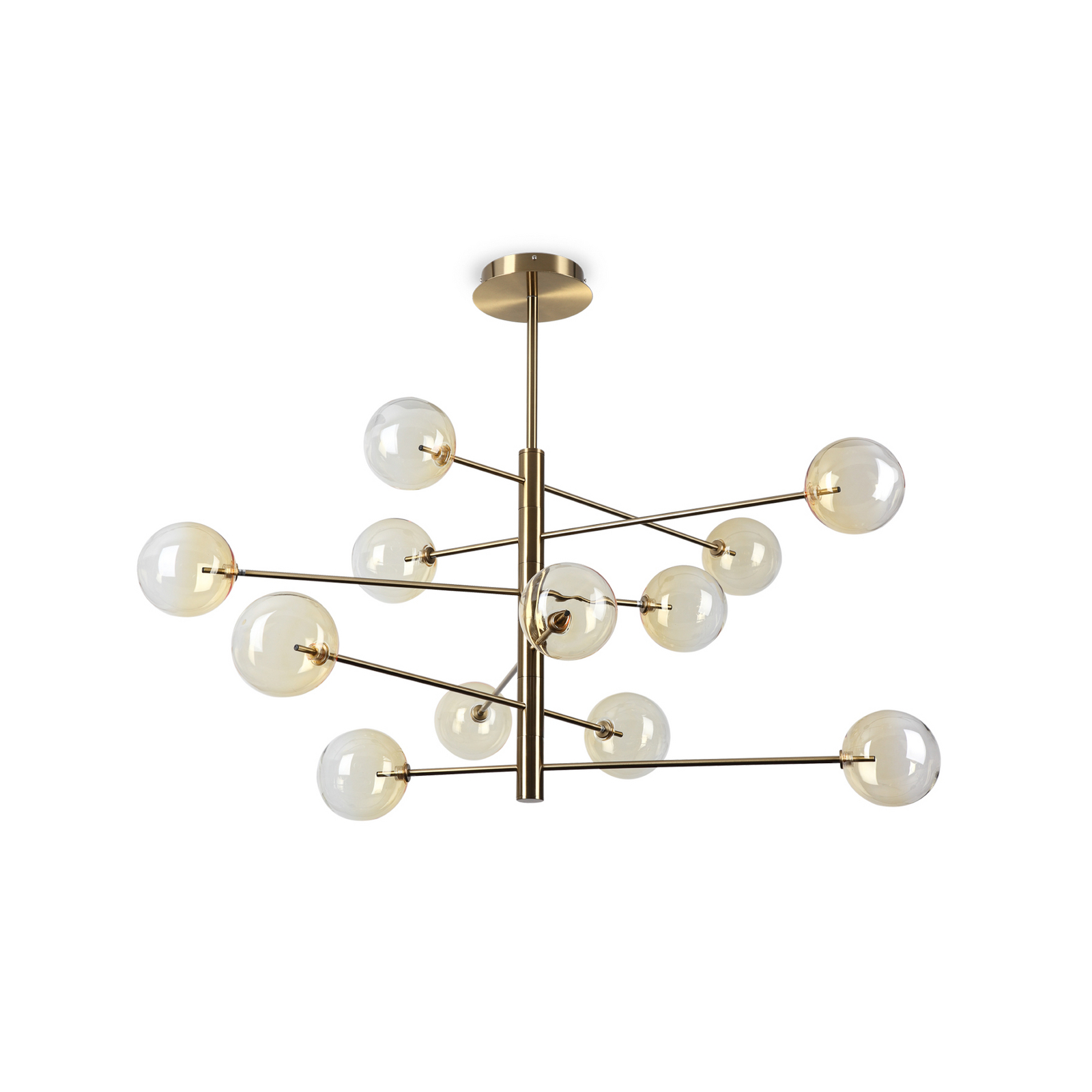 Suspension Equinoxe d'IDEAL LUX, laiton/ambre, à 12 lampes Suspension Equinoxe d'IDEAL LUX, laiton/ambre, à 12 lampes