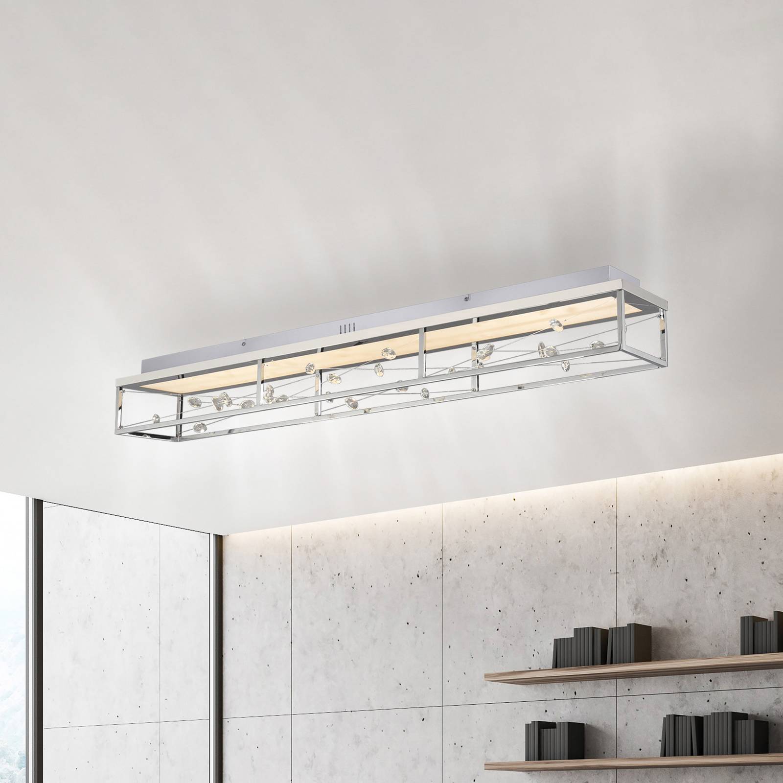 LED-loftlampe SKINA, krom, 112 cm, CCT, dæmpbar via fjernbetjening