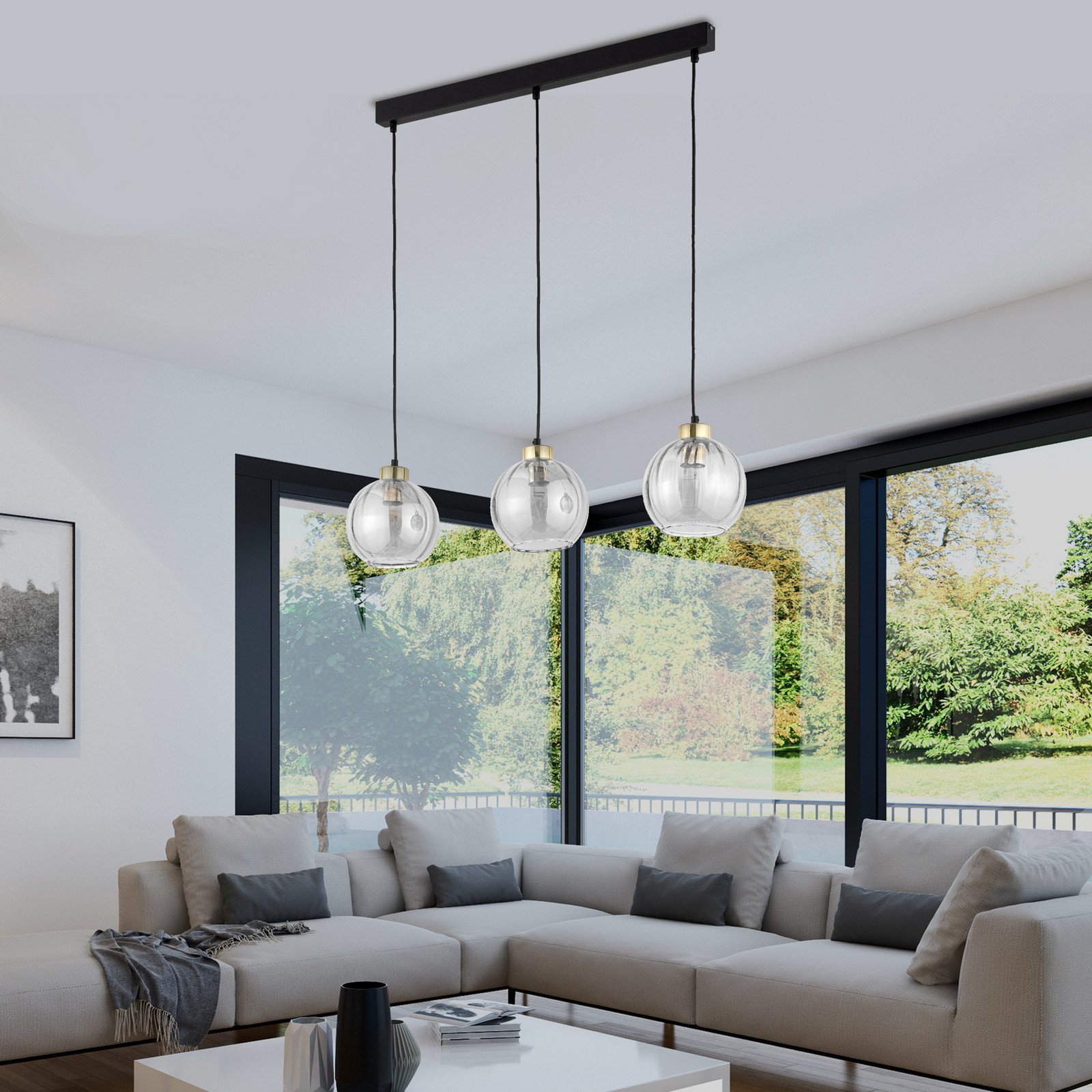 TK Lighting Lampă suspendată Devi transparentă cu 3 becuri - Camera de zi / sufragerie - negru auriu transparent - Sticlă