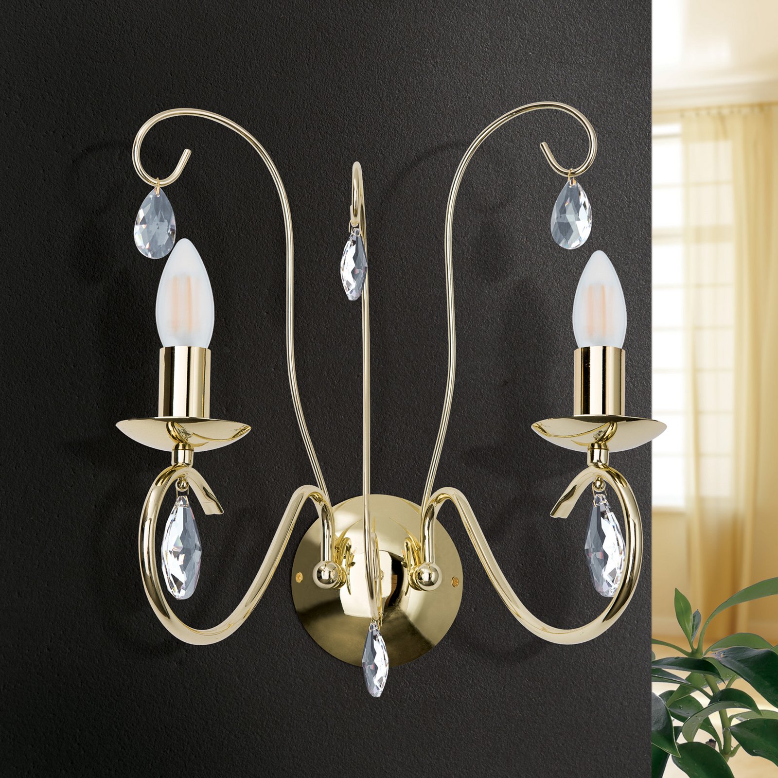 Wall light Alessia 2-bulb crystal glass gold