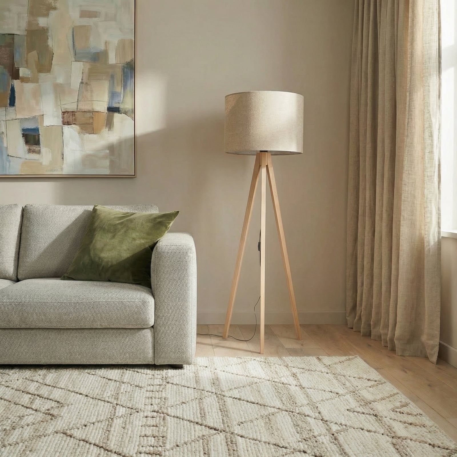 Lámpara de pie Grand, beige/pino, altura 145 cm, E27