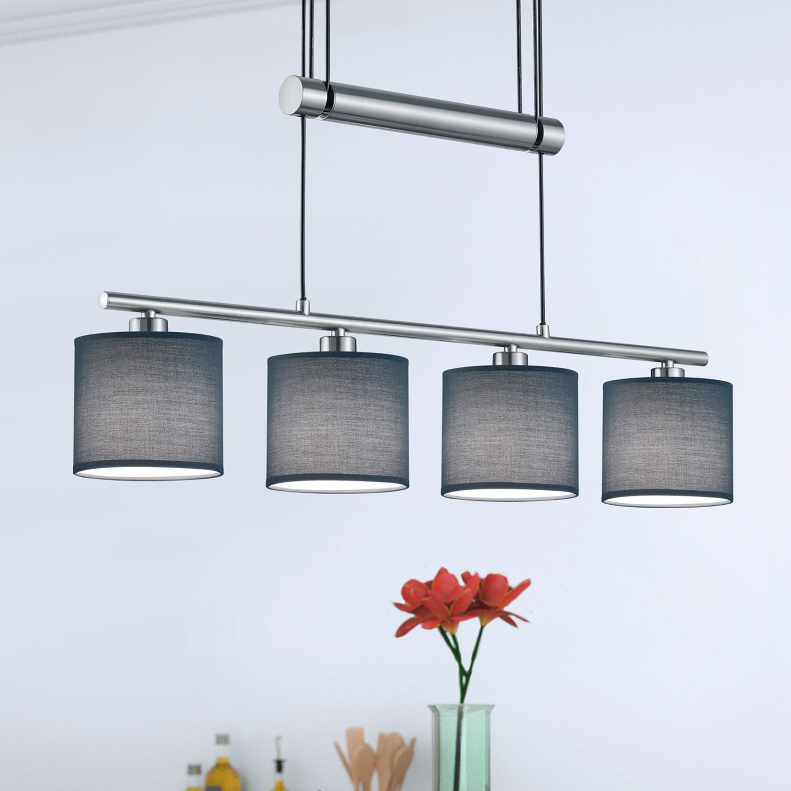 Trio Lighting Abajururi din țesătură gri - Lampă suspendată cu 4 becuri Garda - Camera de zi / sufragerie - modern - nichel mat gri - Metal