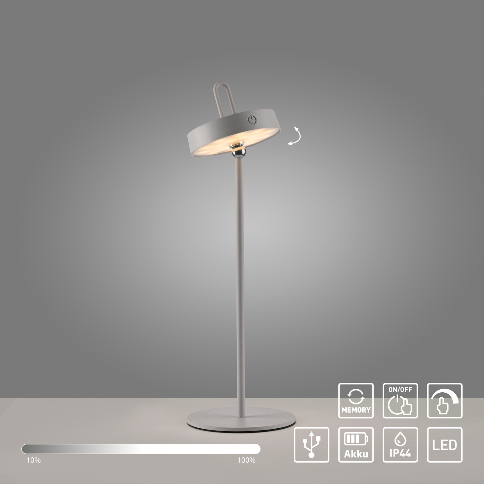 JUST LIGHT. LED dobíjecí stolní lampa Amag šedobéžová žehlička IP44