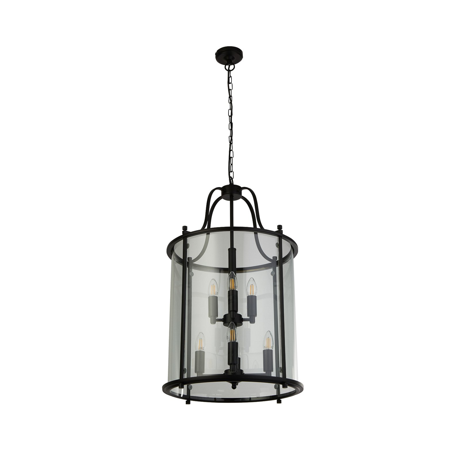 Lantern Grande pendant light, black/clear, glass, E14