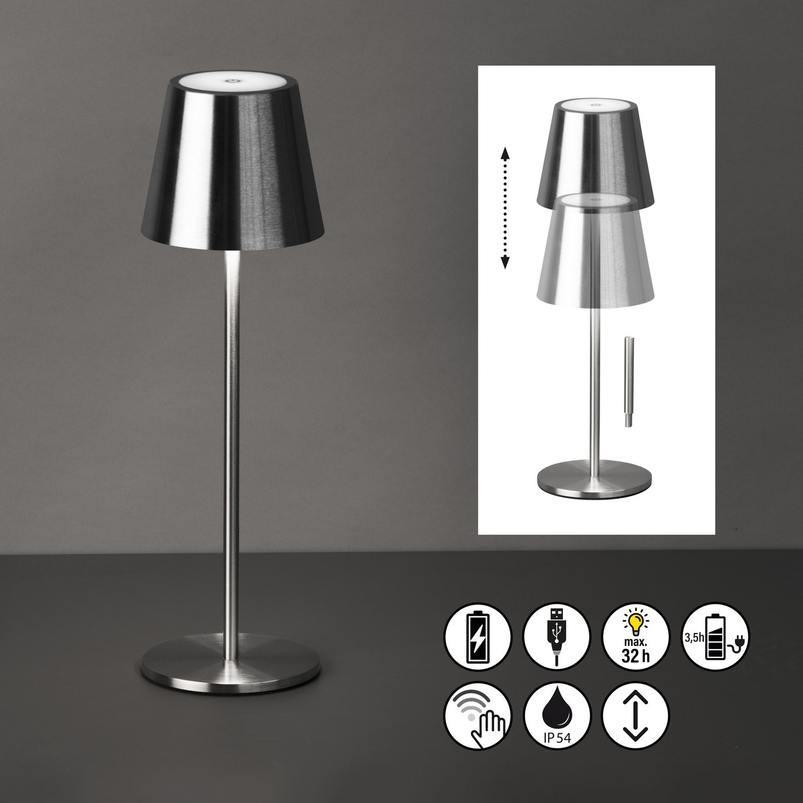LED-Akku-Tischleuchte Viletto, nickelfarben, IP54