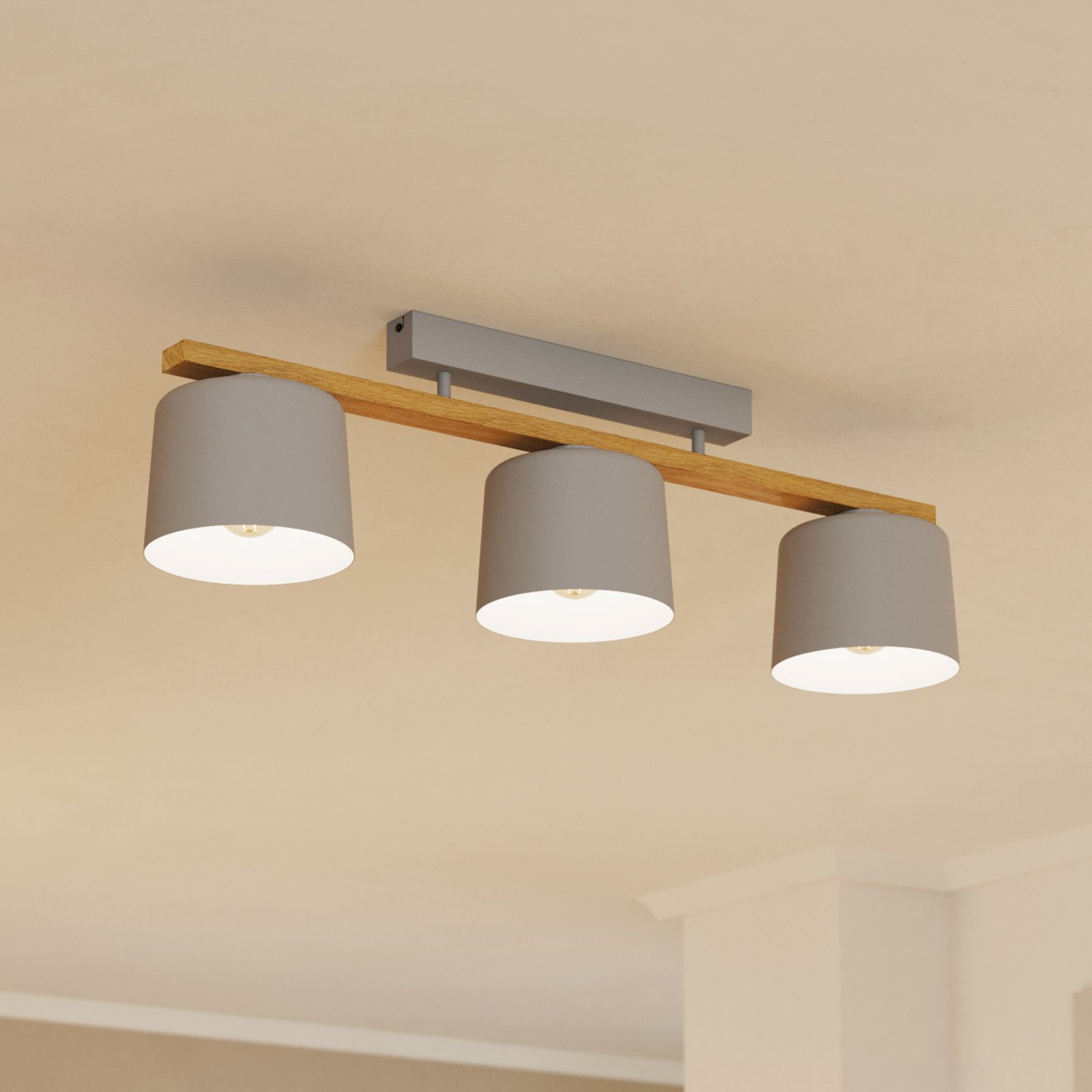 Mariel 3-lamps plafondlamp lichtgrijs Natur hout