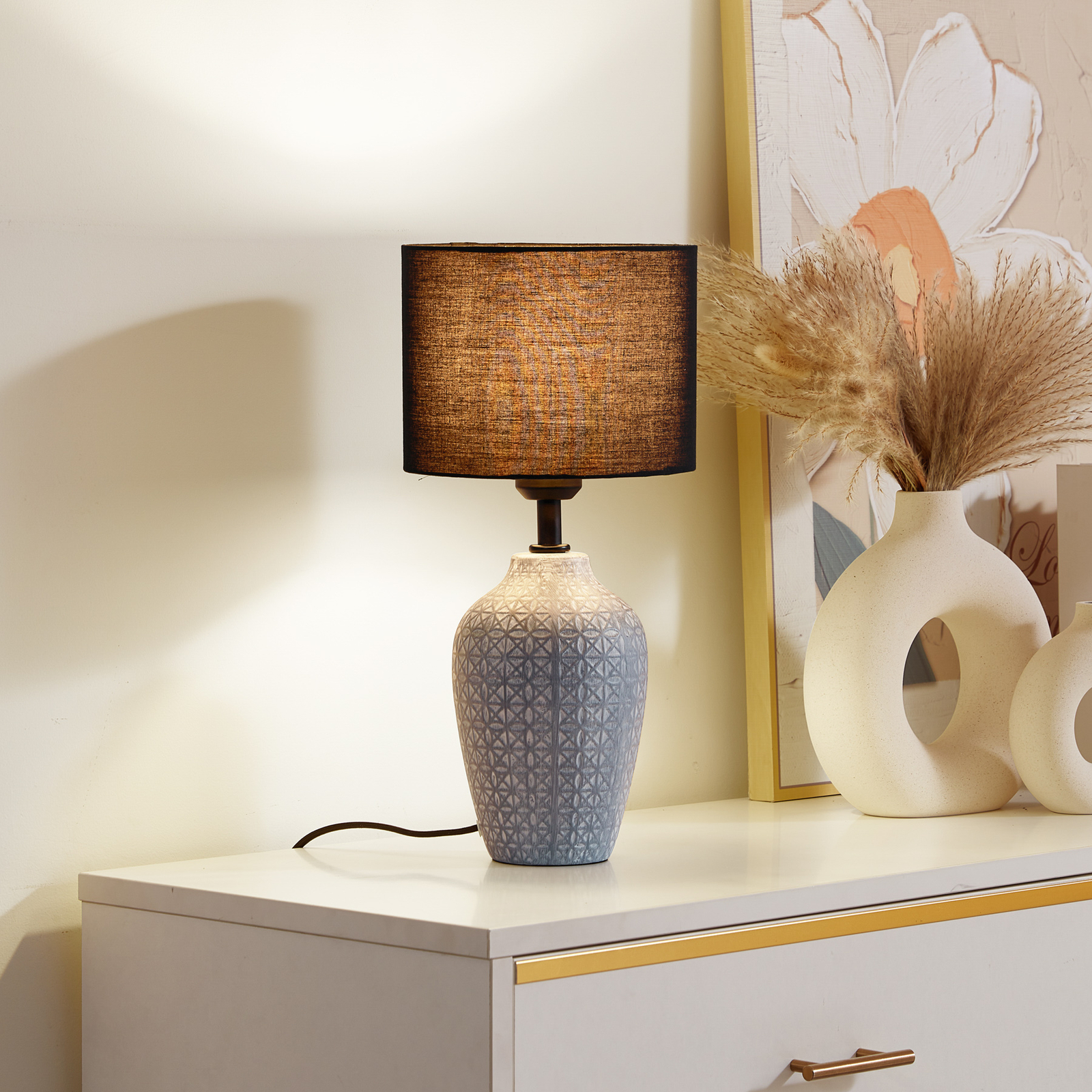 Lampa stołowa Lindby Thalassia, szary/czarny, Ø 20 cm, ceramiczna