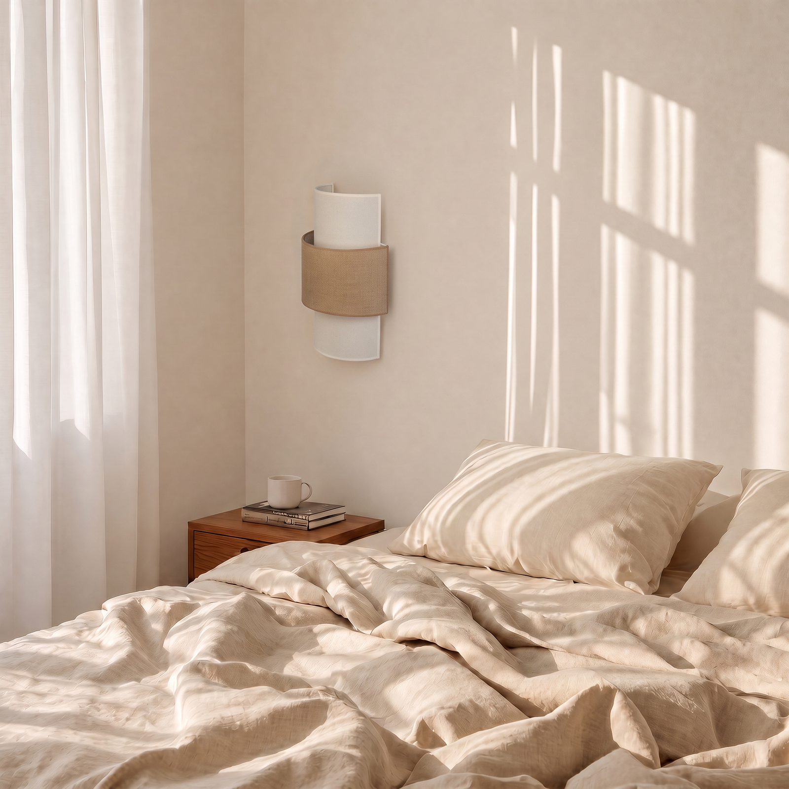Aplique de pared Nature, color crema/yute, altura 41 cm, tejido, luz hacia Aplique de pared Nature, color crema/yute, altura 41 cm, tejido, luz hacia