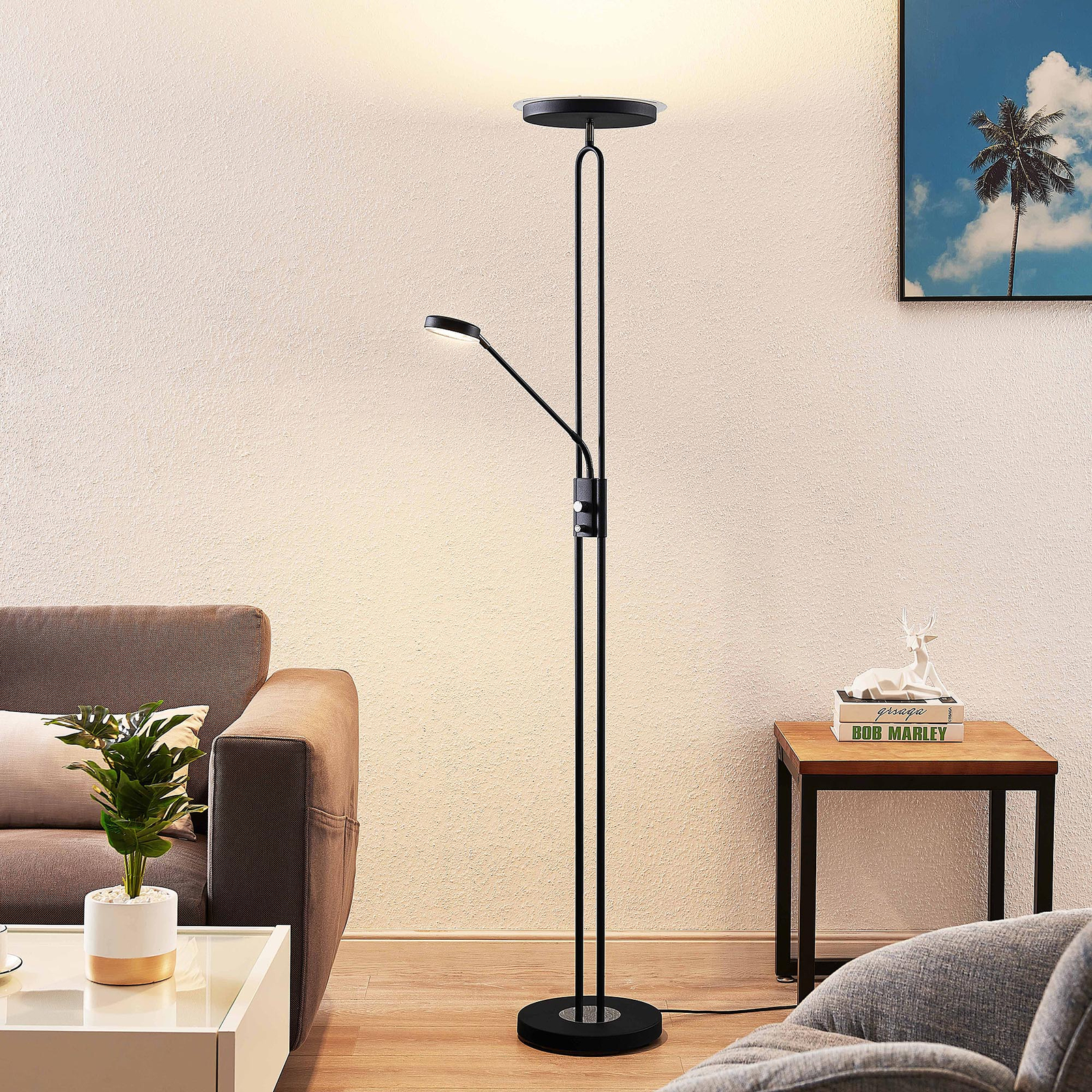 Lindby Twina LED floor lamp, black, for Living / Dining Room, metal, glass, plastic, 20 W, energy efficiency: A+, H: 180 cm