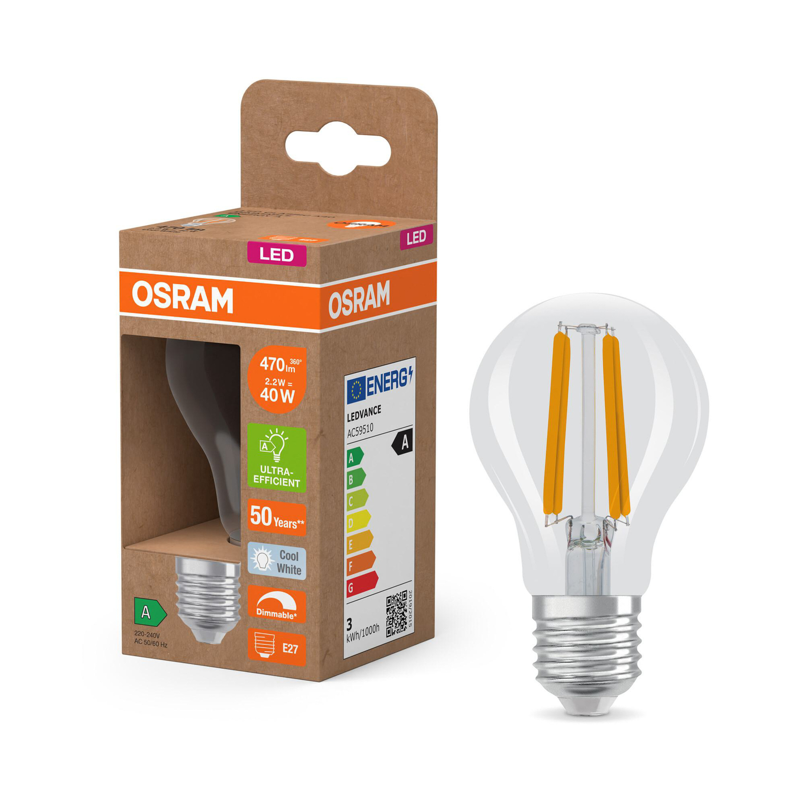 OSRAM LED žárovka Filament E27 2,2W 4000K stmívatelná