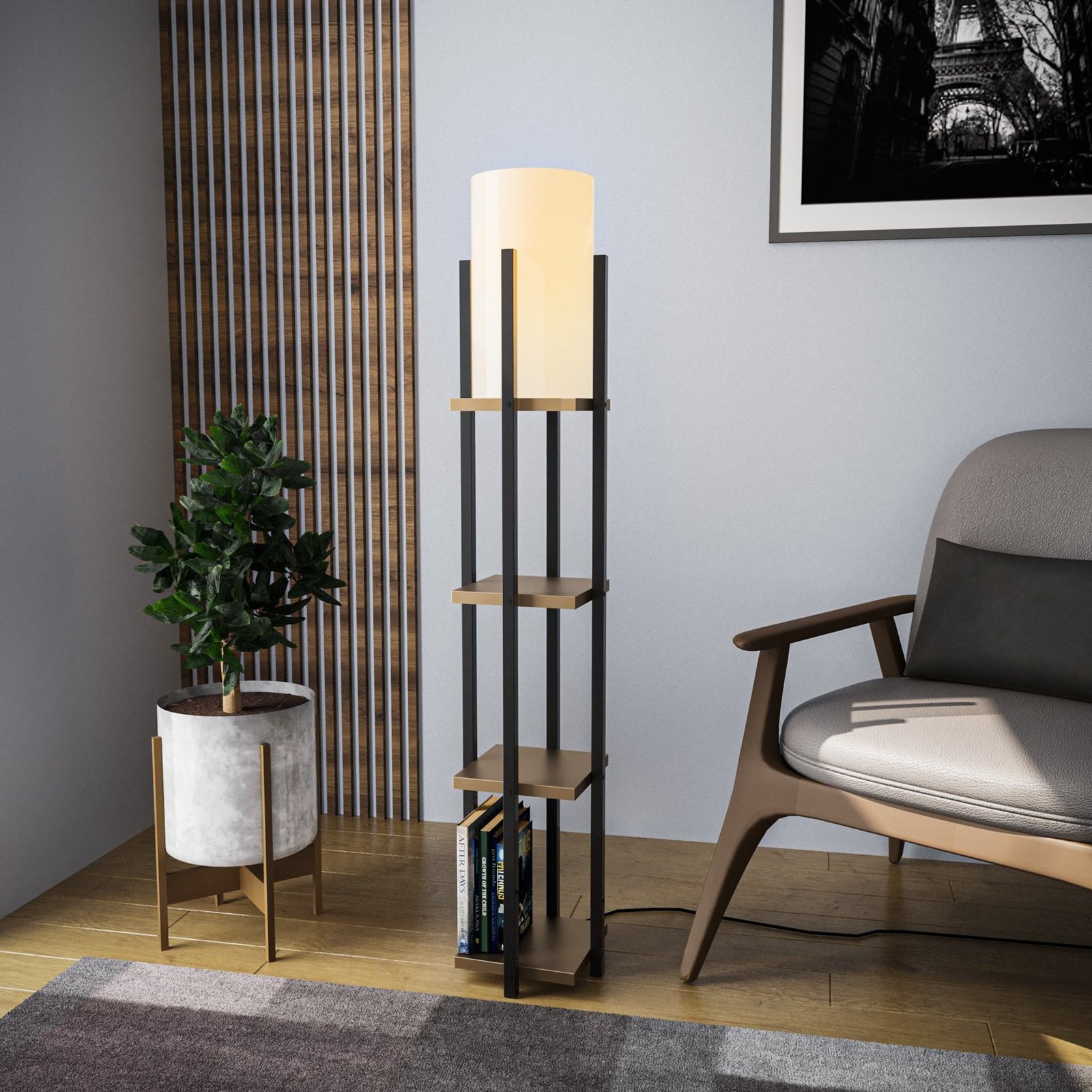 Vloerlamp 8115, zwart/goud/wit, metaal/canvas, hoogte 130cm