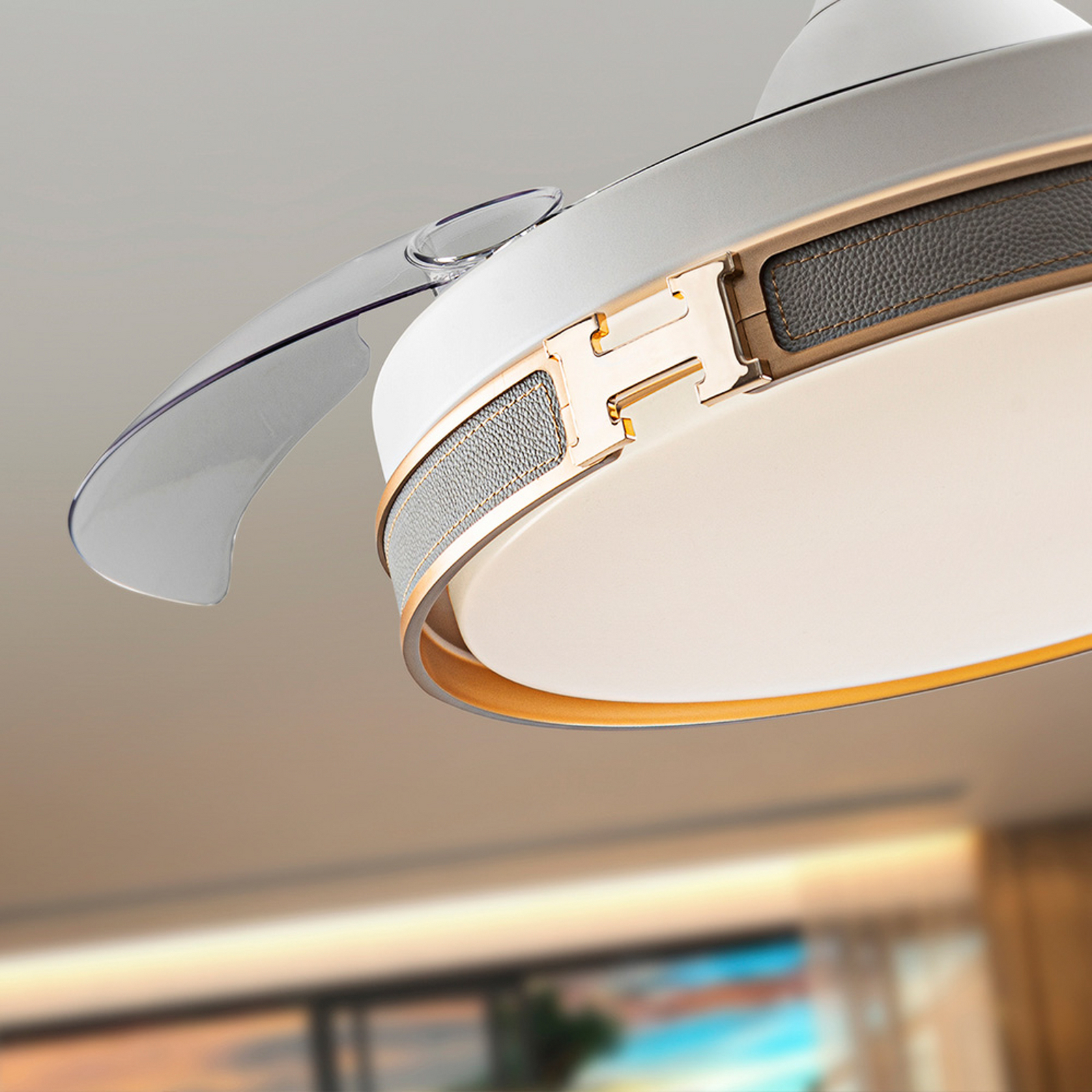 LED stropni ventilator Herón bel/zlato/siv/prozoren Ø106 cm tih