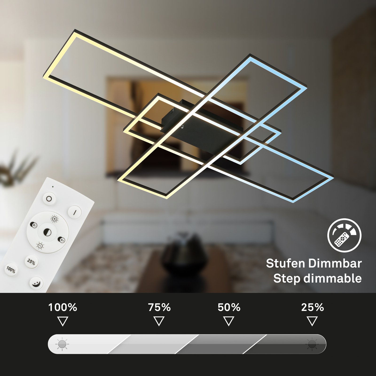 Stropní svítidlo Roami LED, 104x71cm, černé, CCT, dálkové ovládání