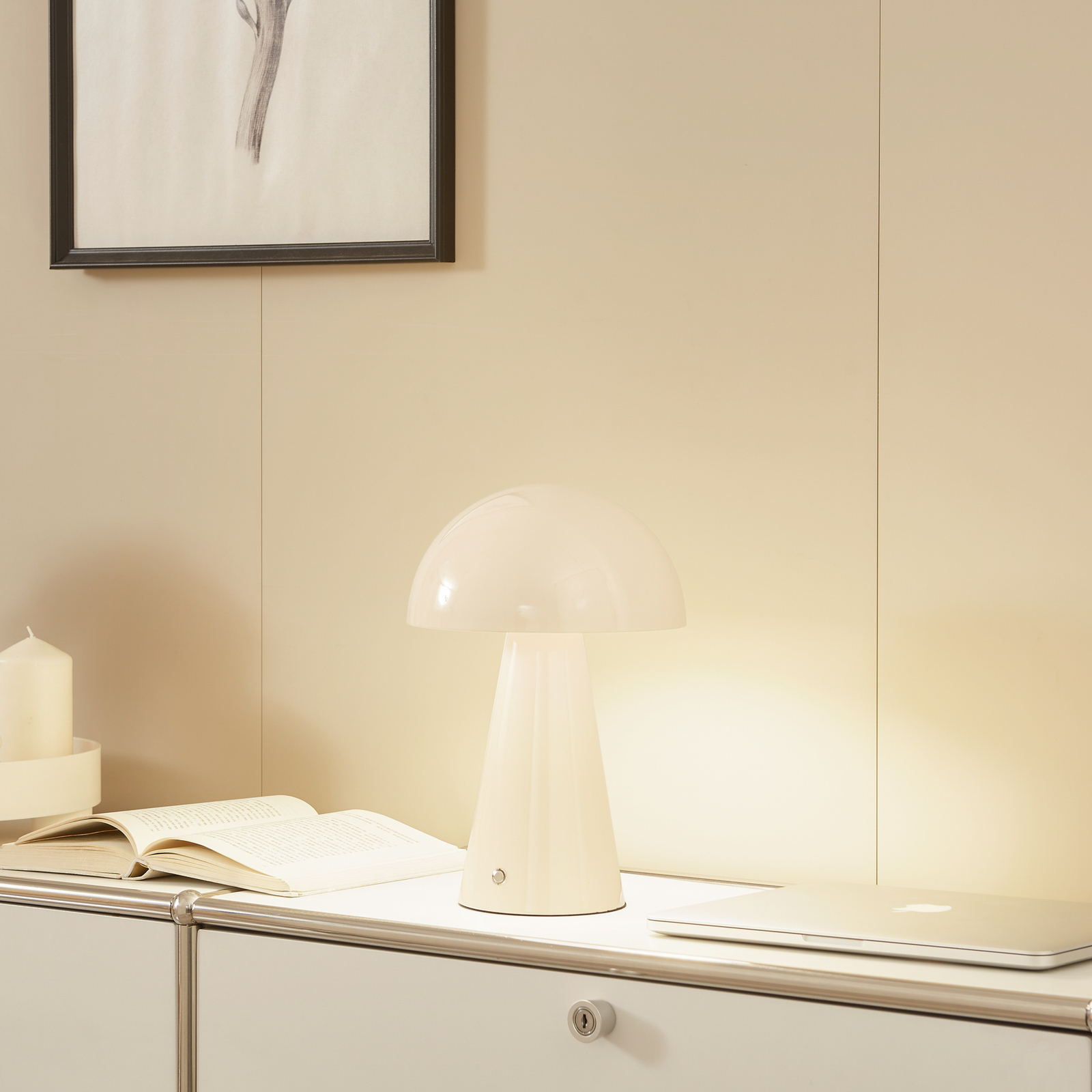 Lindby Lampe de table LED rechargeable Nevijo, beige, Ø20cm, USB,