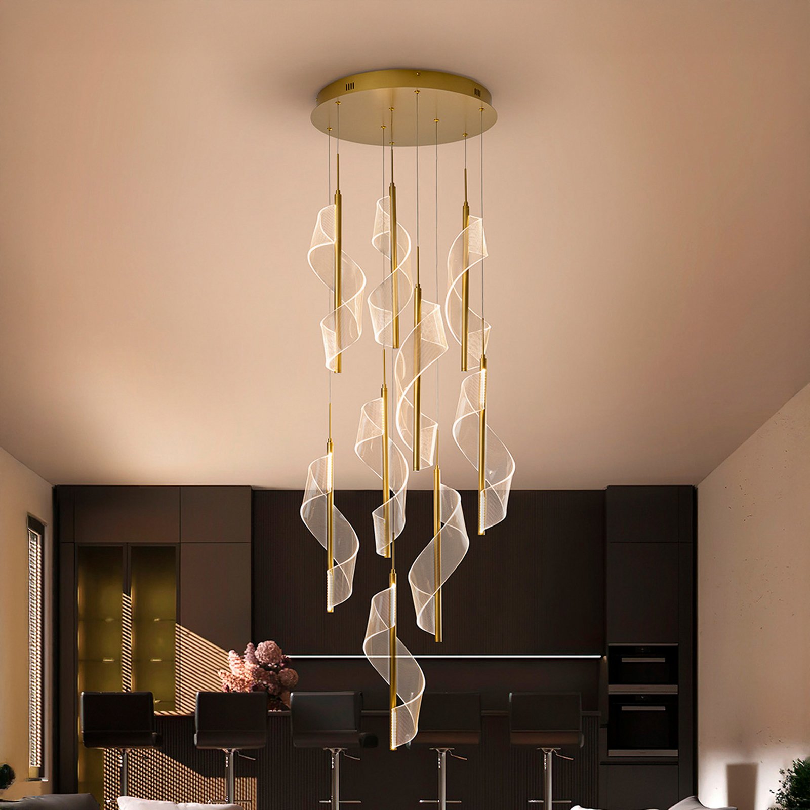 Lampa wisząca LED Velas 9-punktowa, kolor złoty, metal, tworzywo sztuczne