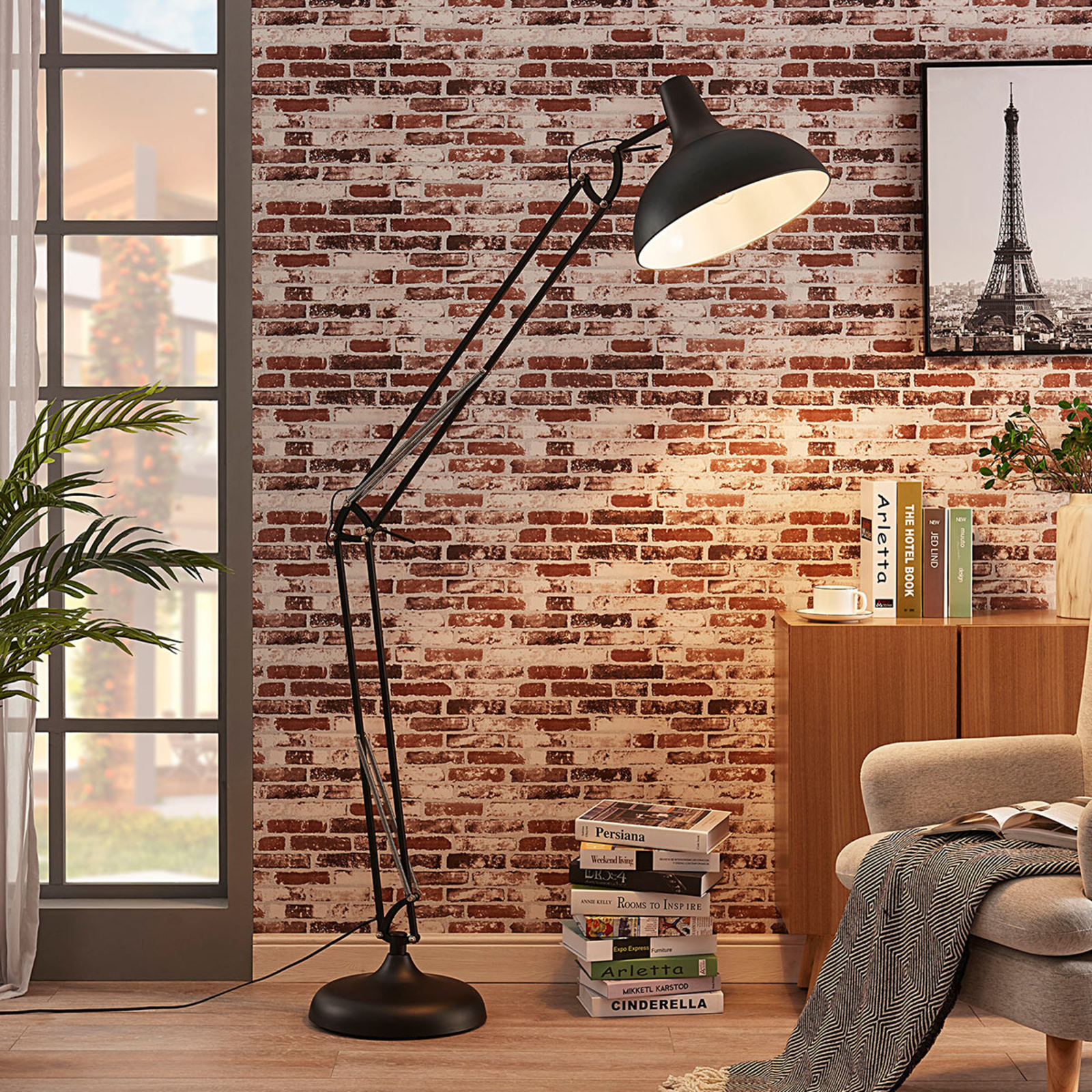 Lindby Giulie black floor lamp, movable frame, for Living / Dining Room, metal, E27, 60 W, energy efficiency: A++, W: 37.5 cm, H: 200 cm