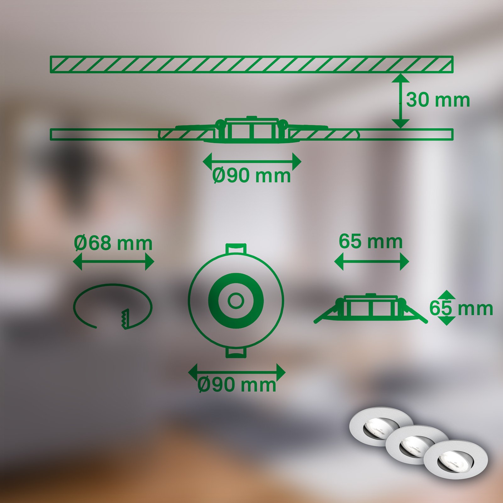 LED recessed light Kulana A, matt chrome, 4000K, set of 3