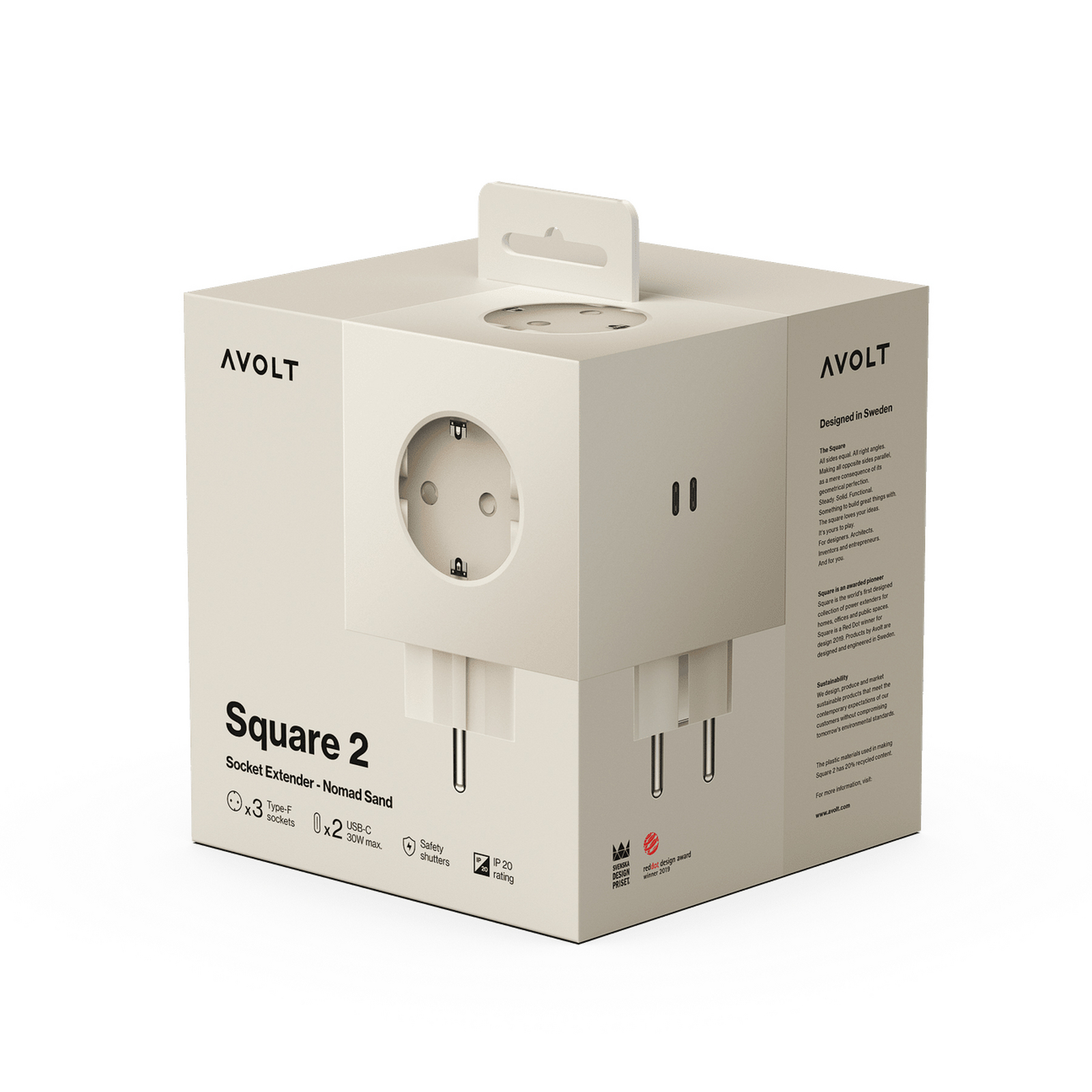 SQUARE 2 Zwischensteckdose, beige, 3x Schuko, 2x USB - AVOLT