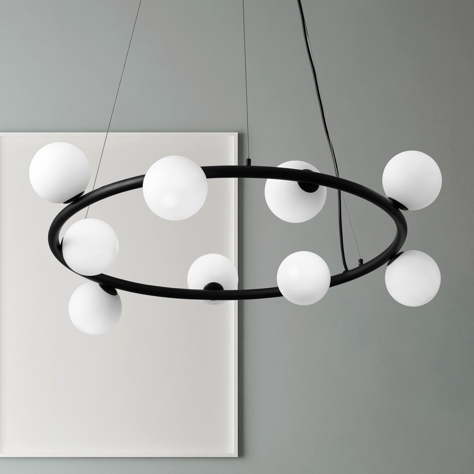 Suspension Pomì à 9 lampes avec sphères de verre