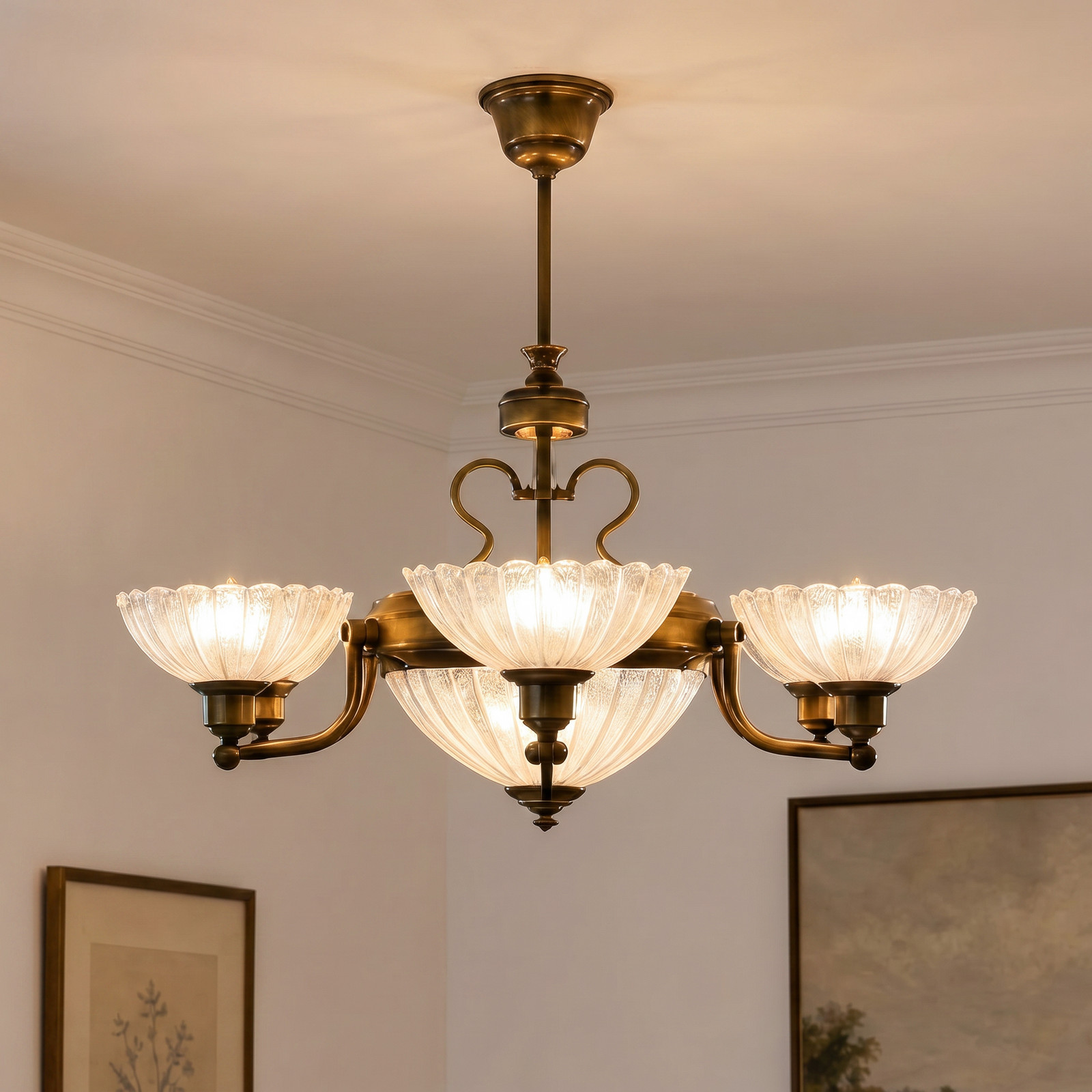 Jupiter Candelabru Carmen alamă antică sticlă 6 becuri E27 - Camera de zi / sufragerie - Antichitate - alamă antică alb