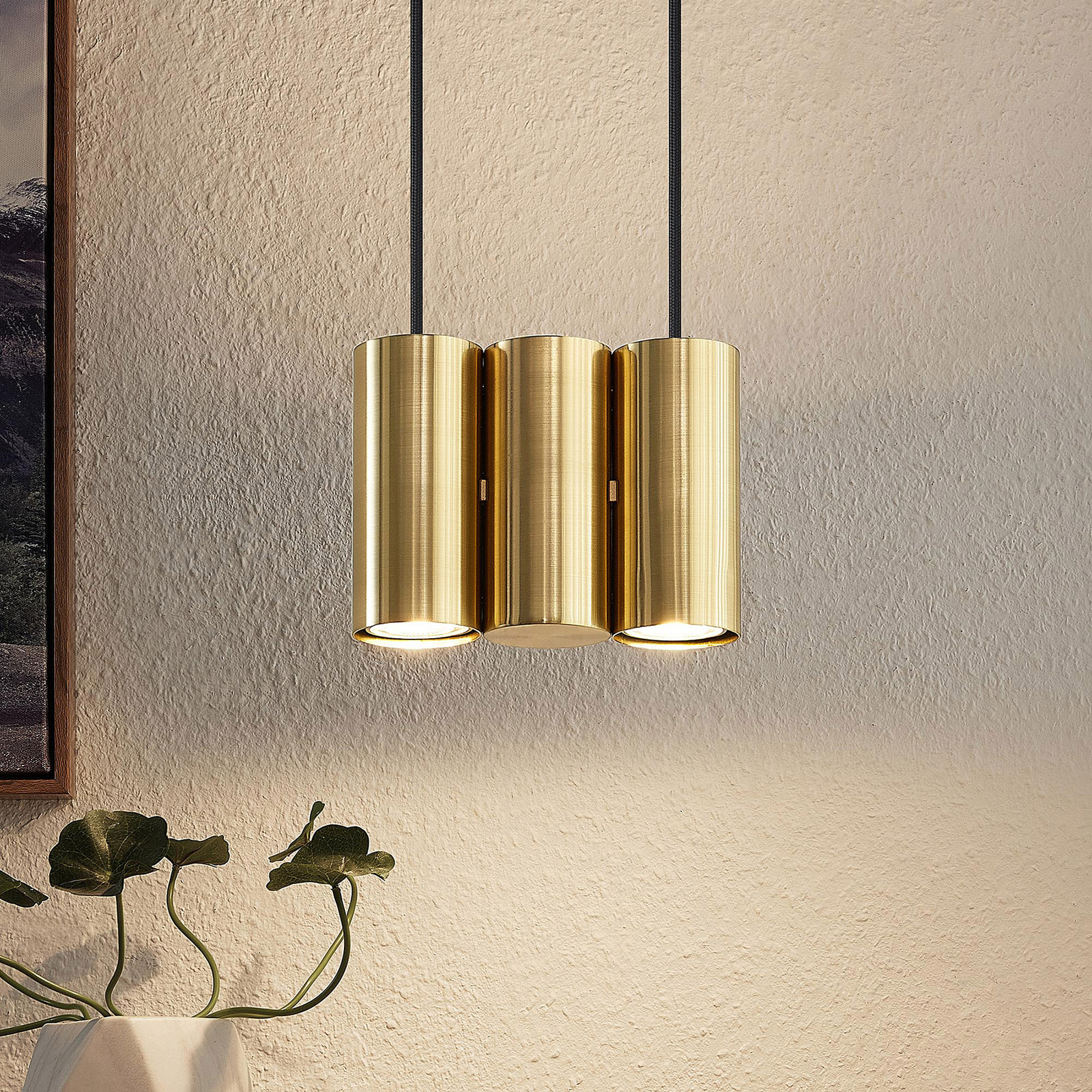 Lucande Cesur hanging light, 3-bulb, brass