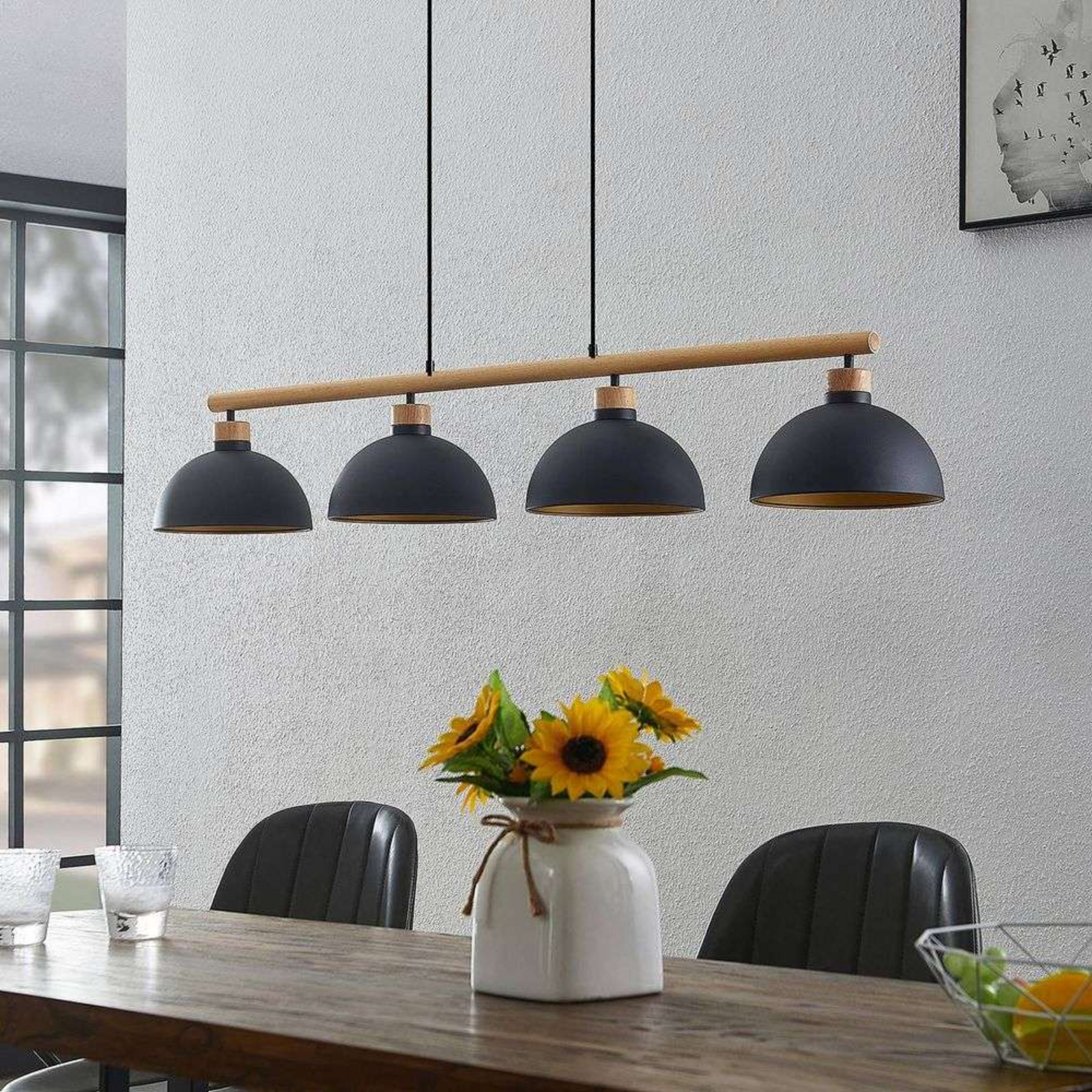 Tirzana 4 Lustră Pendul Black/Light Wood - Lindby