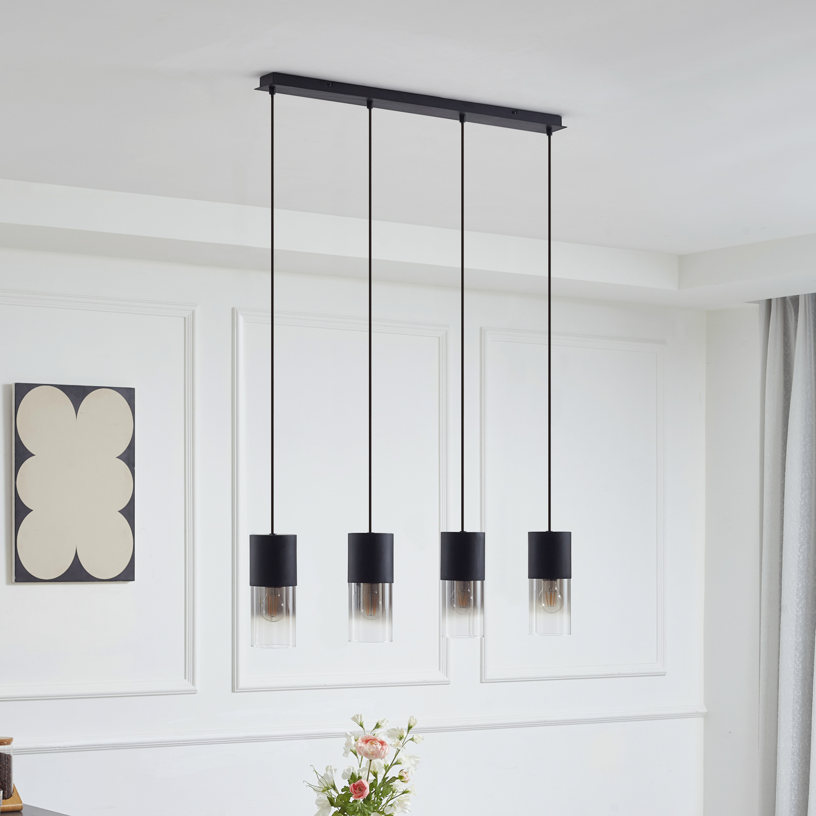 Lindby hanglamp Svante, 4-lamps, zwart, glas, 85 cm