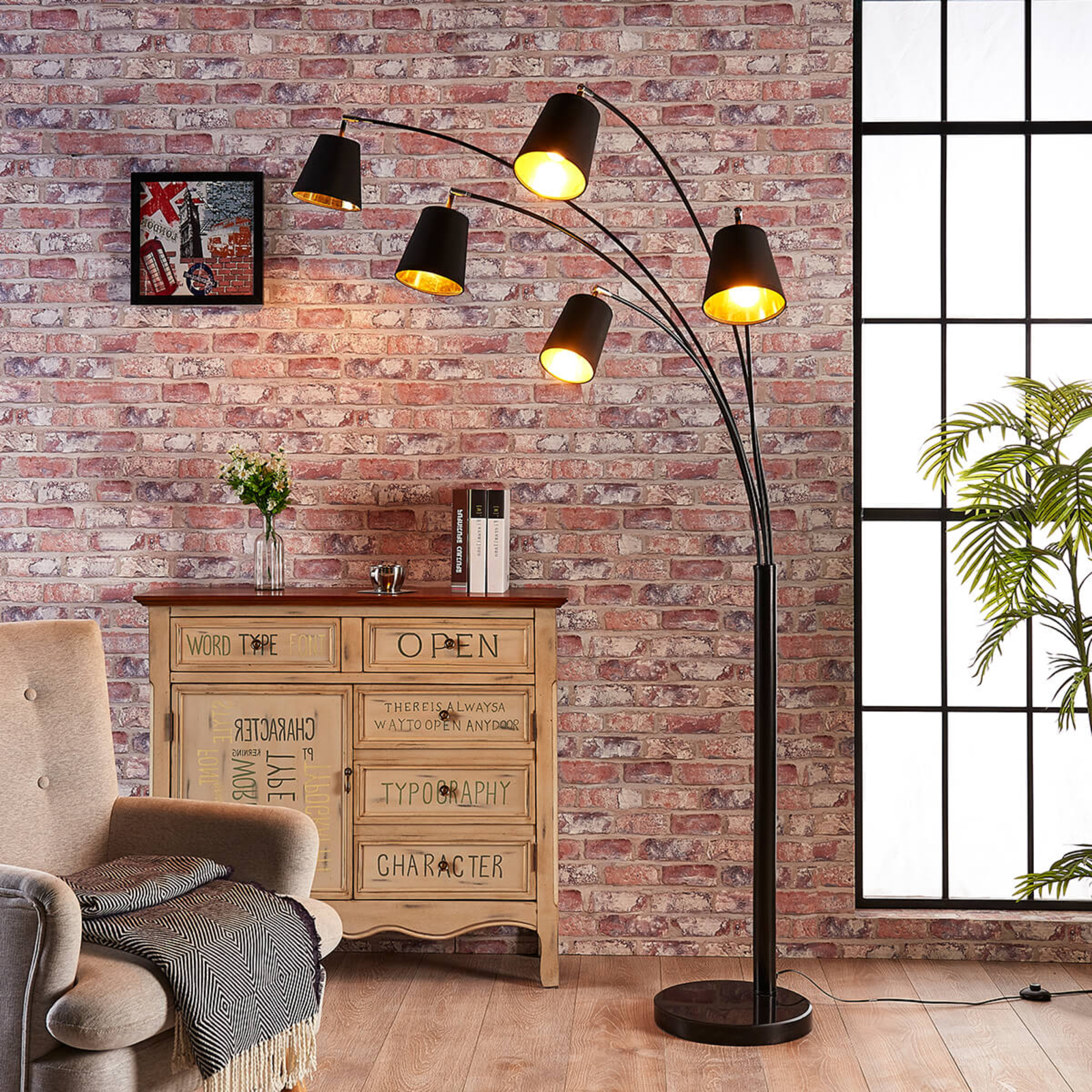 Lindby Five-bulb fabric floor lamp Tinne, for Living / Dining Room, metal, fabric, marble, E14, 40 W, energy efficiency: A++, H: 210 cm