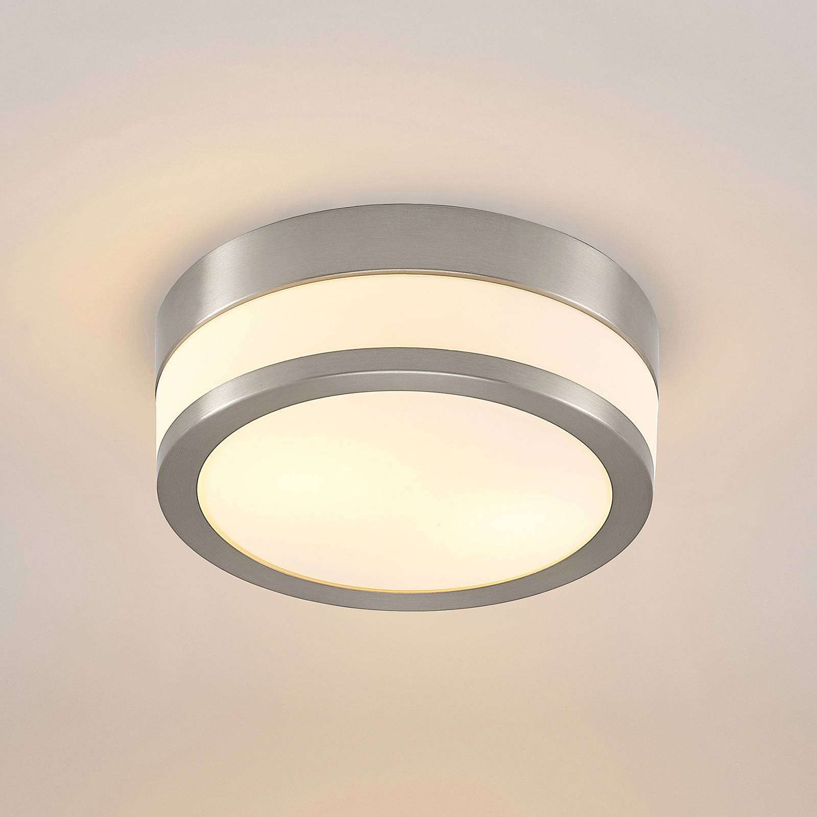 Lampa sufitowa Lindby Flavi, Ø 23 cm, nikiel, szkło, IP44, E27