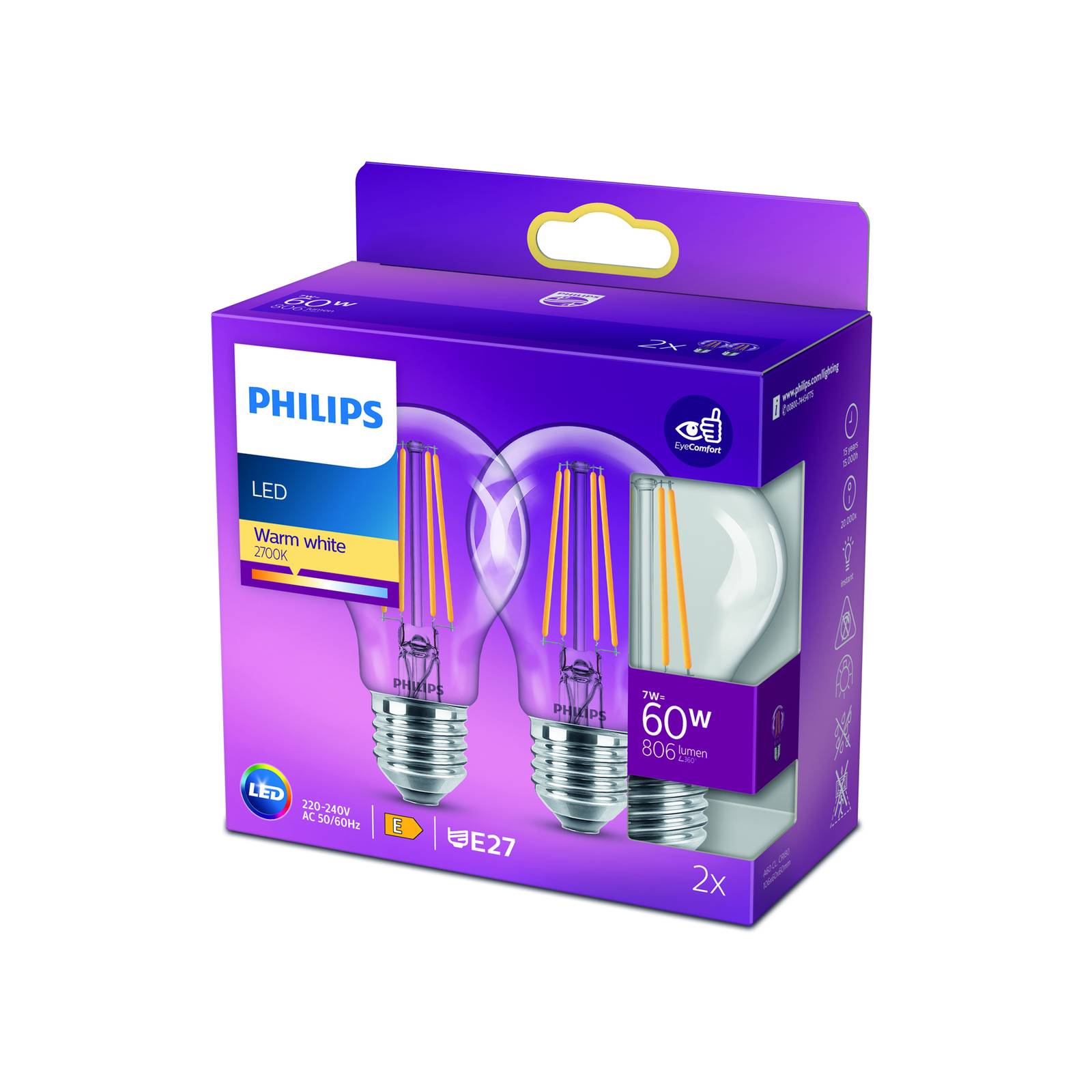 Philips Žárovka Philips LED E27 7W 2 700K s čirým vláknem, sada 2 kusů