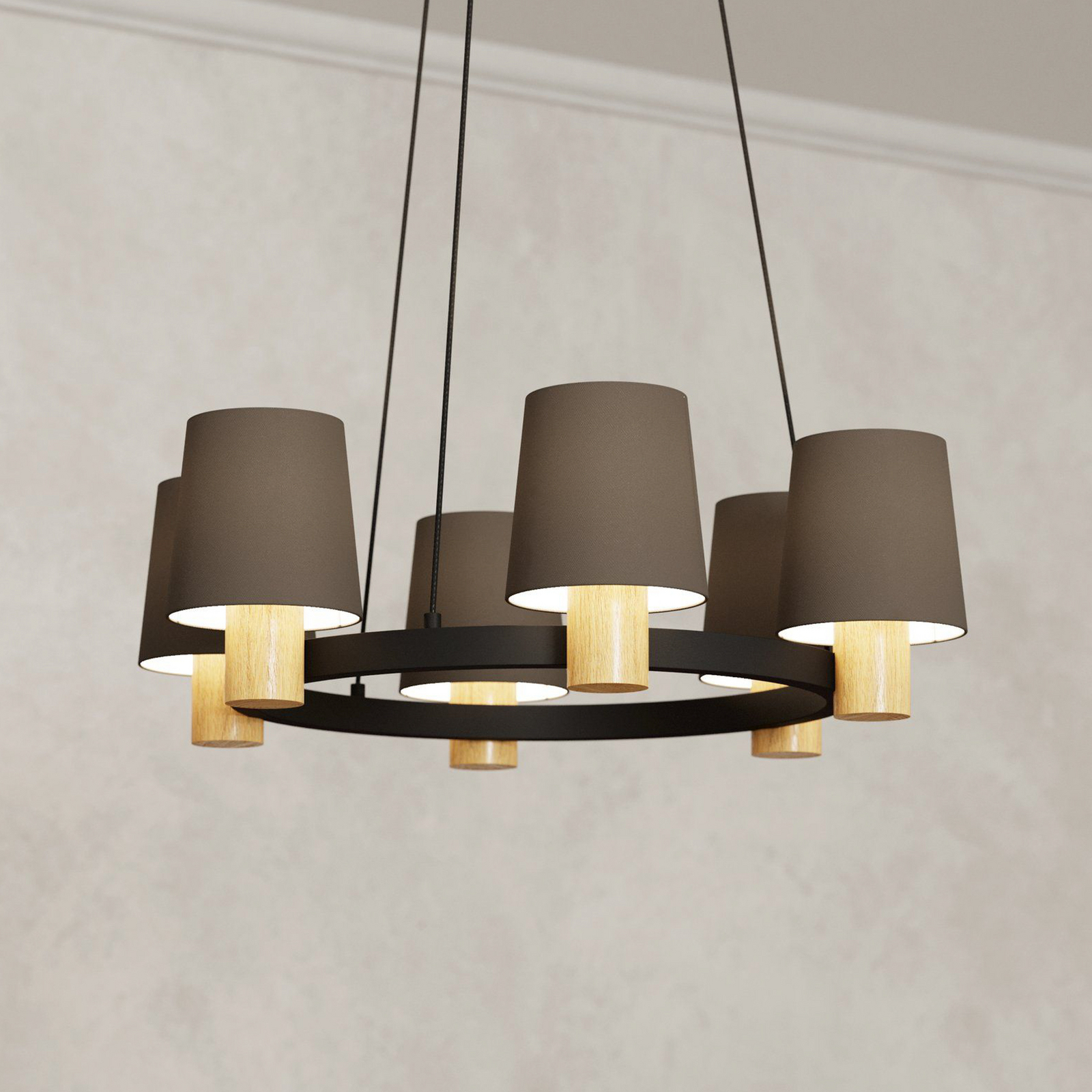 Edale chandelier, 6 lampshades cappuccino, round