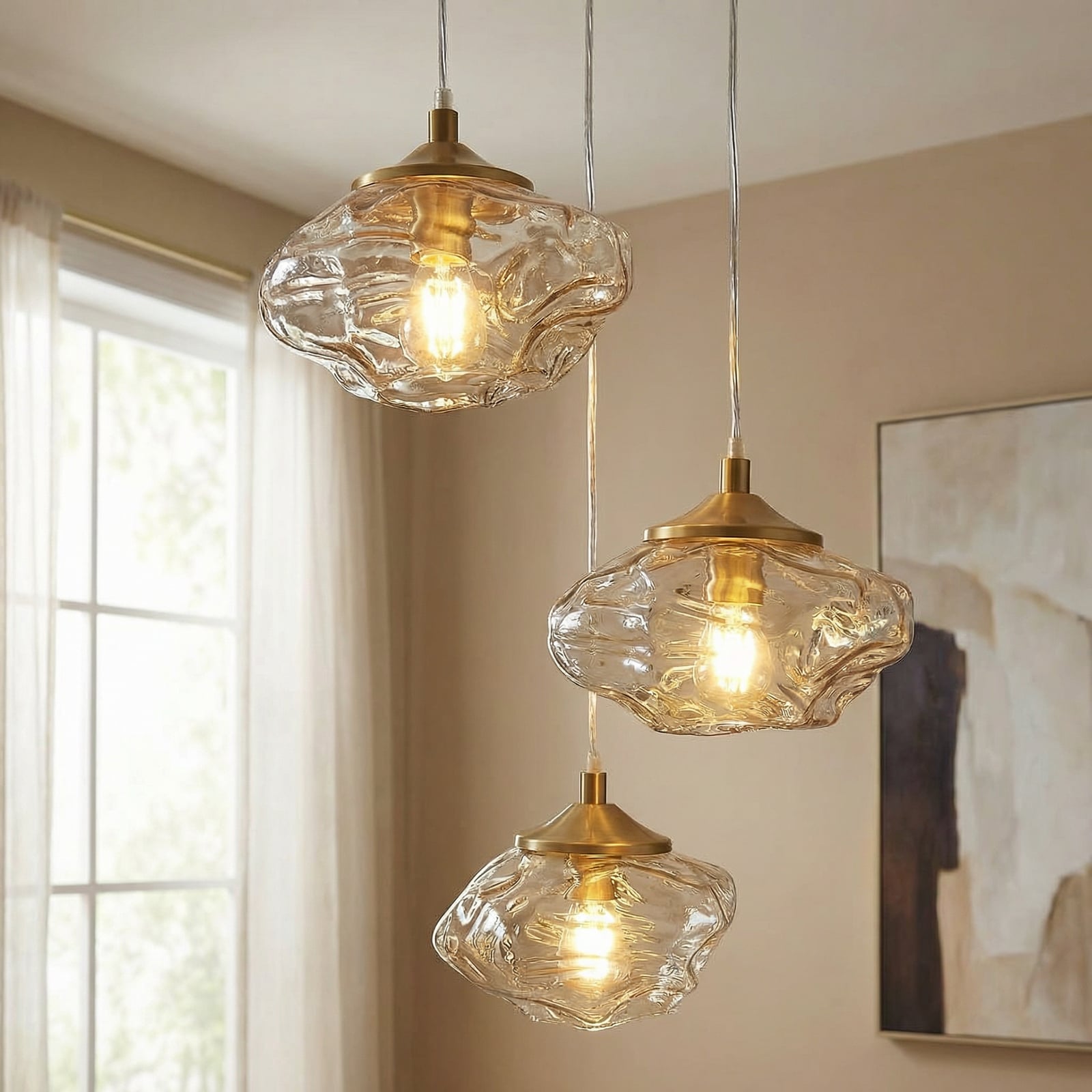 Lindby κρεμαστό φωτιστικό Piatra, Ø25cm, 3-φωτεινό, κονιάκ/ορείχαλκο, γυαλί