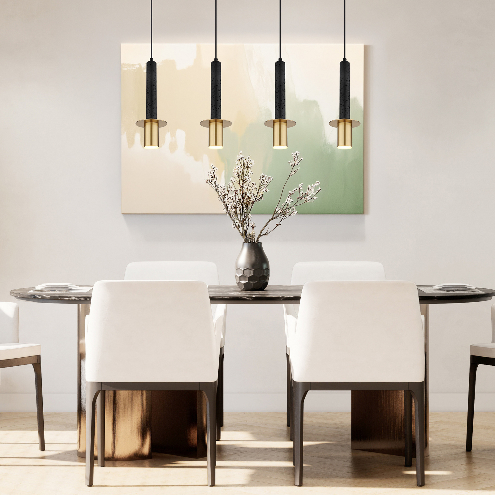 Lampada a sospensione Shanna, lunghezza 87 cm, nero/ottone, pietra, a 4 luci. Lampada a sospensione Shanna, lunghezza 87 cm, nero/ottone, pietra, a 4 luci.