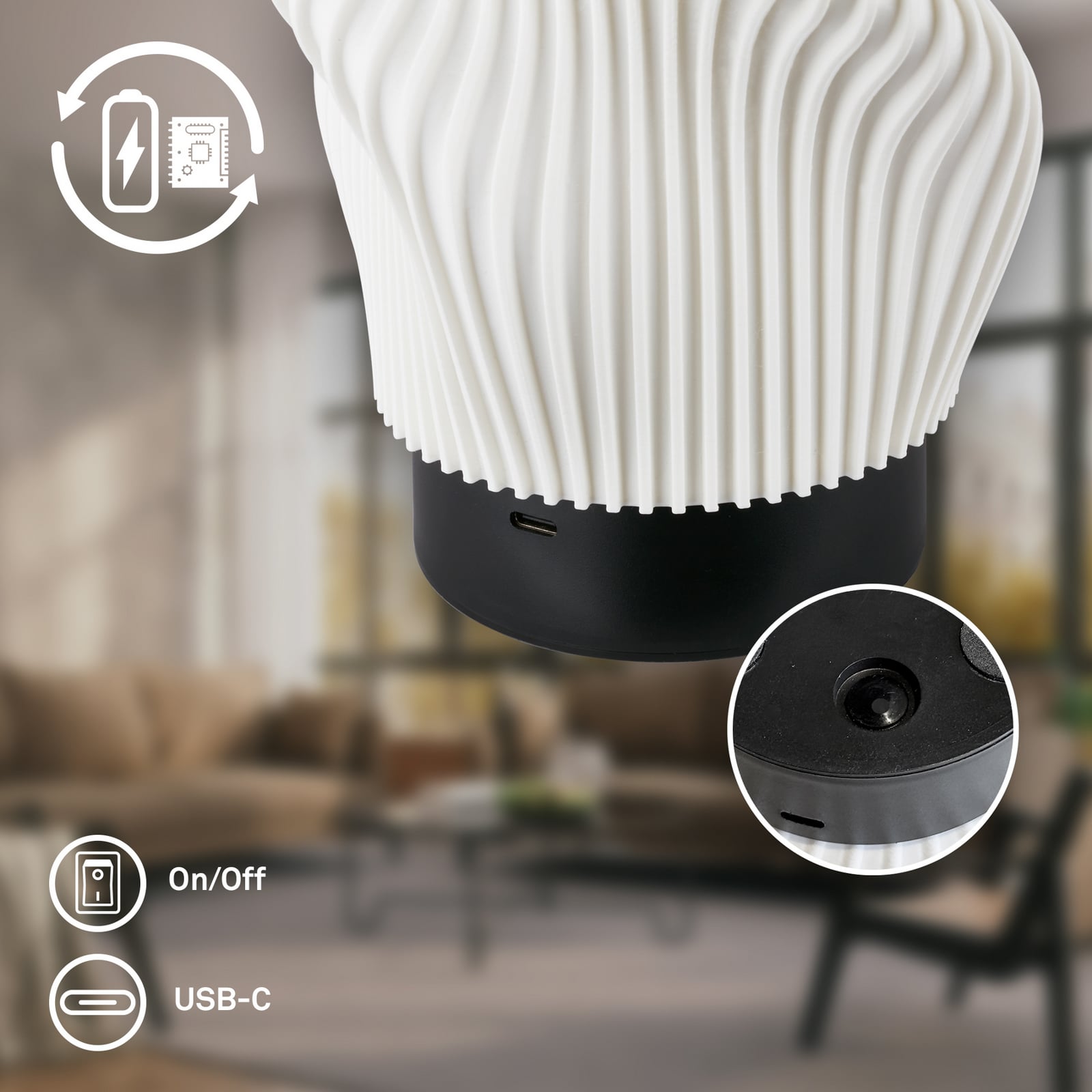 Brilo unplugged Tubi -LED-akkukäyttöinen pöytälamppu, musta/valkoinen, IP44