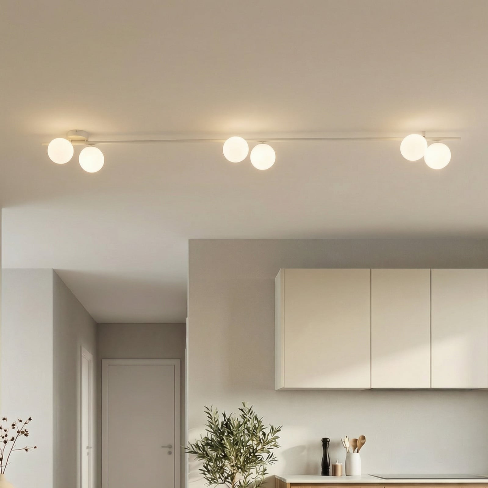 Φωτιστικό οροφής Imelo, κρεμ, 6 λάμπες, γυαλί, μήκος 200 cm