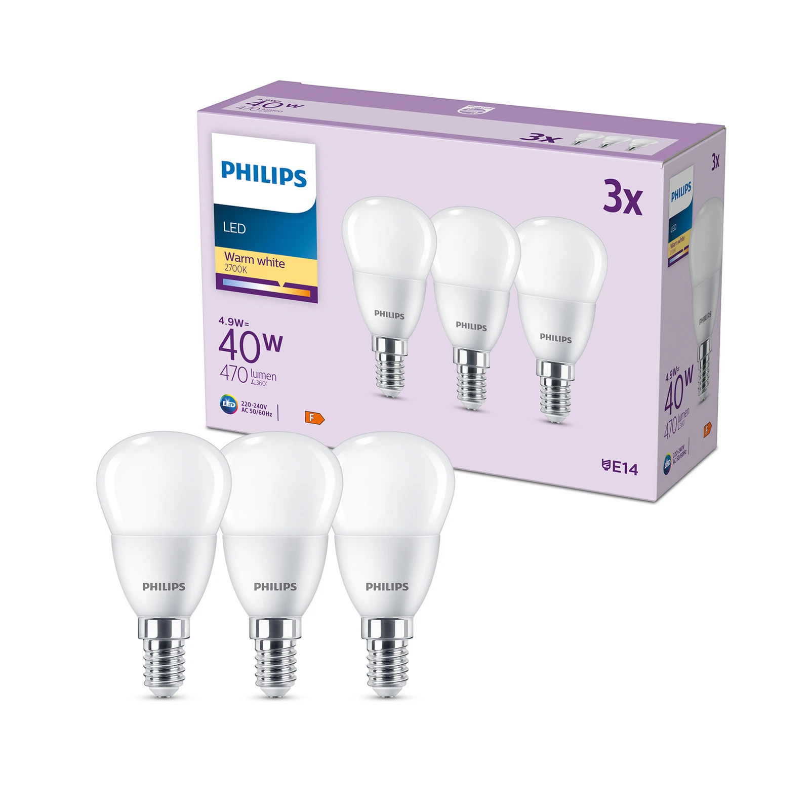 Philips LED-Lampe E14 4,9W 470m 2.700K matt 3er