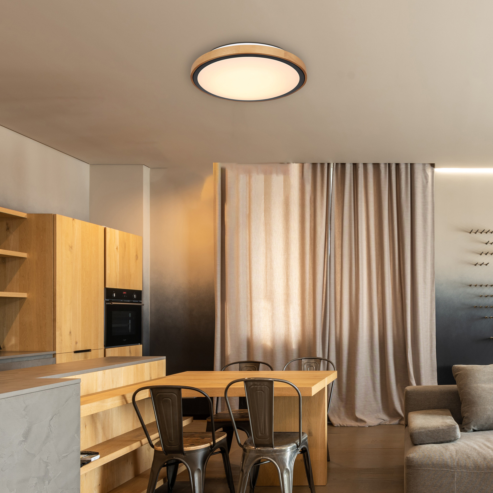 Bruno LED ceiling light with wooden frame CCT Ø 44 cm