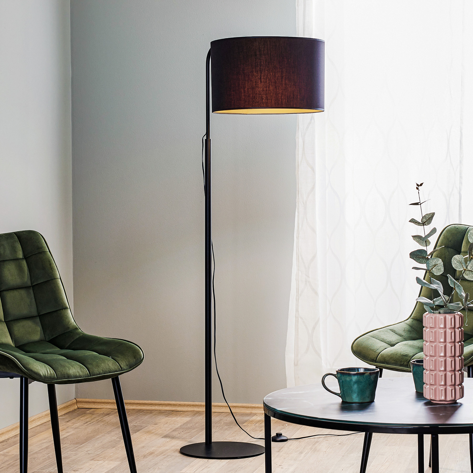 Lampadaire Soho, cylindrique, arqué, noir/doré